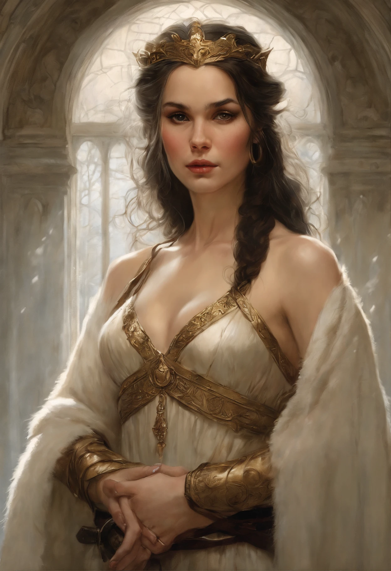 A girl with long golden hair, choppy bangs, Nordic heritage, a petite figure, delicate facial features, pale skin, porcelain skin, an innocent yet determined gaze, she wears an exquisite headband, dressed in a two-piece fantasy-style Slavic royal dress, a fur shawl draped over her shoulders, wide sleeves, a luxurious layered skirt, the background features a fantasy-style royal castle, this character embodies a finely crafted fantasy-style Slavic princess in anime style, exquisite and mature manga art style, high definition, best quality, highres, ultra-detailed, ultra-fine painting, extremely delicate, professional, anatomically correct, symmetrical face, extremely detailed eyes and face, high quality eyes, creativity, RAW photo, UHD, 32k, Natural light, cinematic lighting, masterpiece-anatomy-perfect, masterpiece:1.5