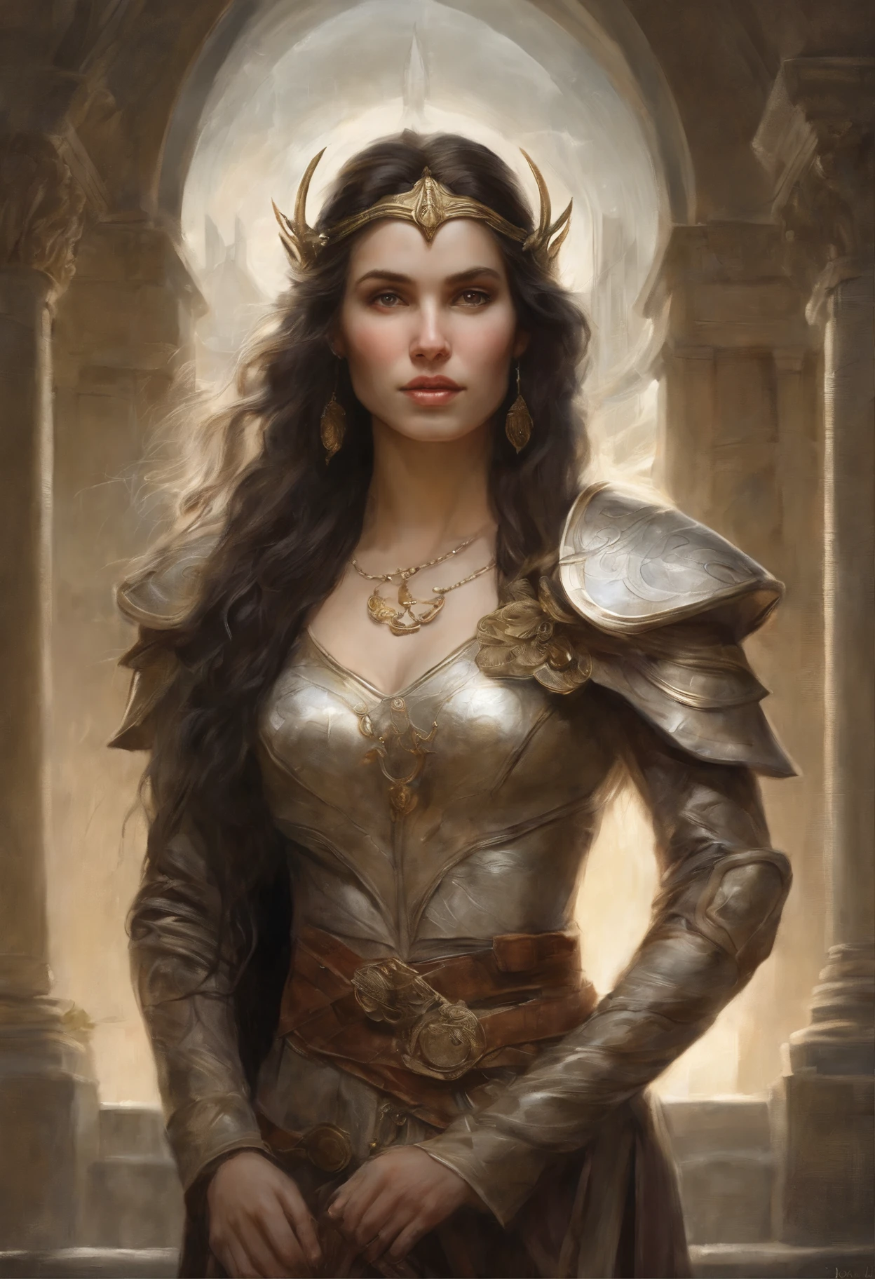 真实感, dark fantasy style, John Tolkien style, Small painting by Jean-Baptiste Monge, portraite of a, looks from the front, Soft facial features, Angel Girl, Average height, slightly plump dark pink lips "Cool eyebrows, dark brown eyes, drooping eye shape, looking at away, dark colored hair, hair braided in a long thick tight braid, classic braided hairstyle, slightly upturned nose, in the form of a Valkyrie, Carol Buck style, behind his back are huge open angel wings, Sword in hand, Slightly naked, Priestesses, dressed in white and gold clothes, holy golden armor, Celestial Queen, Standing next to a motorcycle, rain is dripping, The city, megalopolis, city trail, big house, glass skyscraper Jean-Baptiste Monge, anthropomorphic --ar 2:3 --testp -optimistic;
