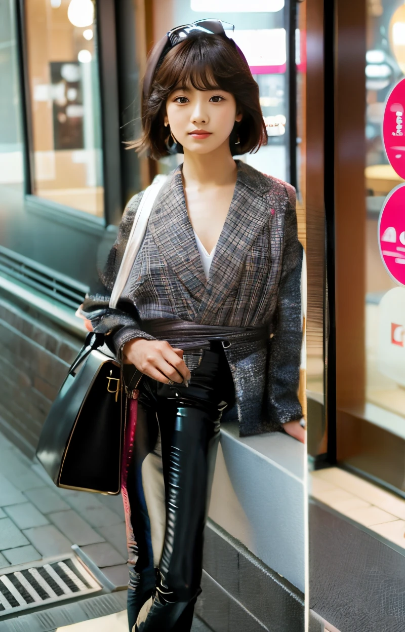 (shoulder length straight short black hair:1.0), （Extremely meticulous CG 8k wallpaper),16k,(Extremely refined and beautiful），（Masterpiece），（best qualtiy：1.0），（Ultra High Resolution：1.0），beautiful light up，Perfect lightning，realistic shaded，[A high resolution],(Smooth and flawless fair skin:1.5),(shiny skin:1.5),Extremely exquisite facial details,(perfect body：1.1),ultra - detailed,A beautiful girl,small head,(Small breasts:1.1),Flat chests，slim，thin，Smile，cheerfulness,(black woolen knit Chanel inspired jacket:1.5),(white collared shirt:1.3),(black pants:1.4),(white sneakers:1.2),slender legs,(nightfall:1.5),Sunset light,(Surrounded by a crowded crowd:1.5),At the school gate,standing,from front,close-up of upper body