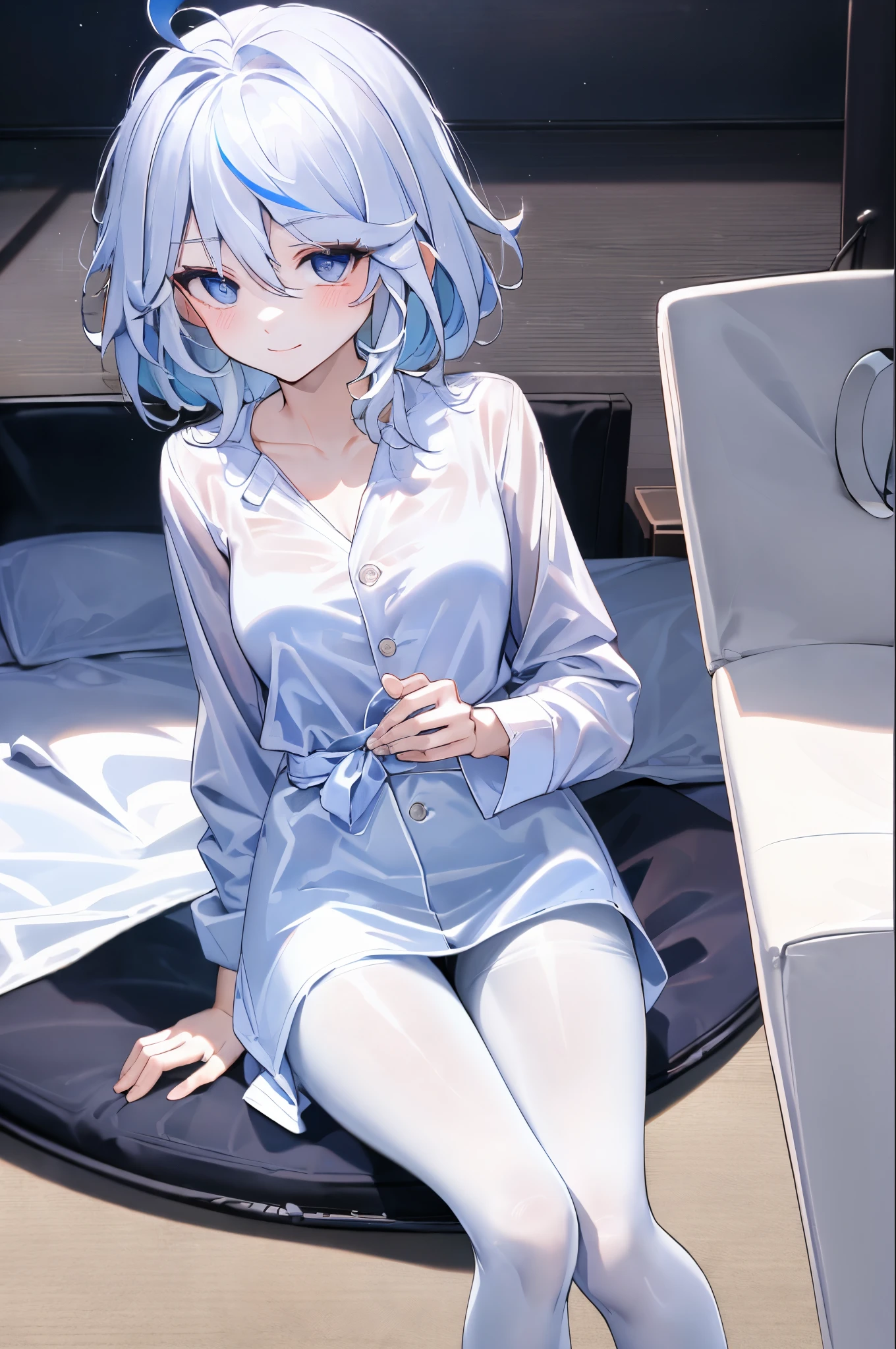 ((tmasterpiece, Best quality at best)),8K,indoor ,1 focus,beak_catch,(white  shirt:1.2) ,long whitr hair,looking at viewert,a slender waist,Black bra, Use pantyhose