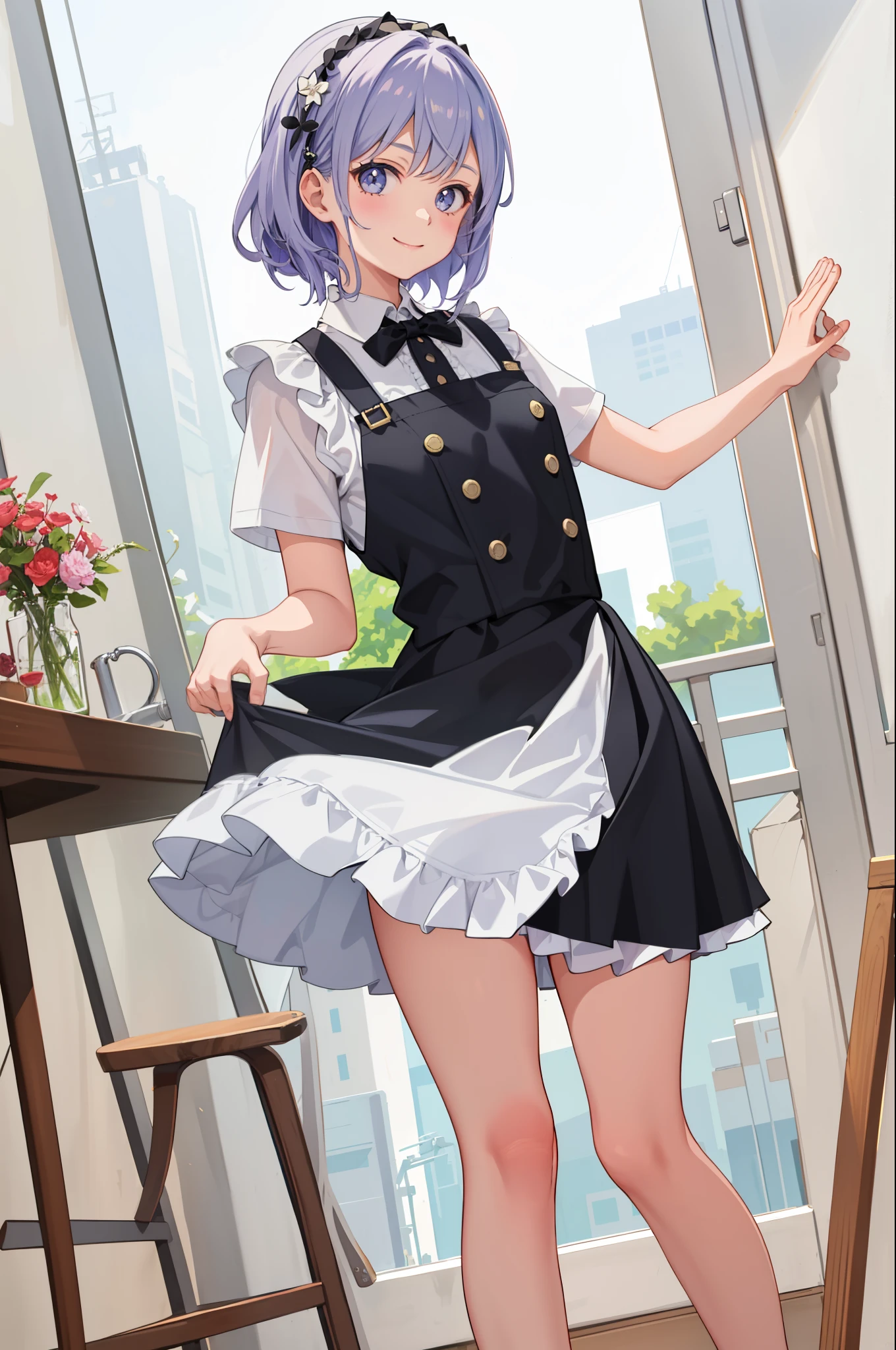 1girl in、A smile、A delightful、skirt by the、(small tits)Chilarism、doress、pinafore,,,,,,、Madevement hair ornament、
