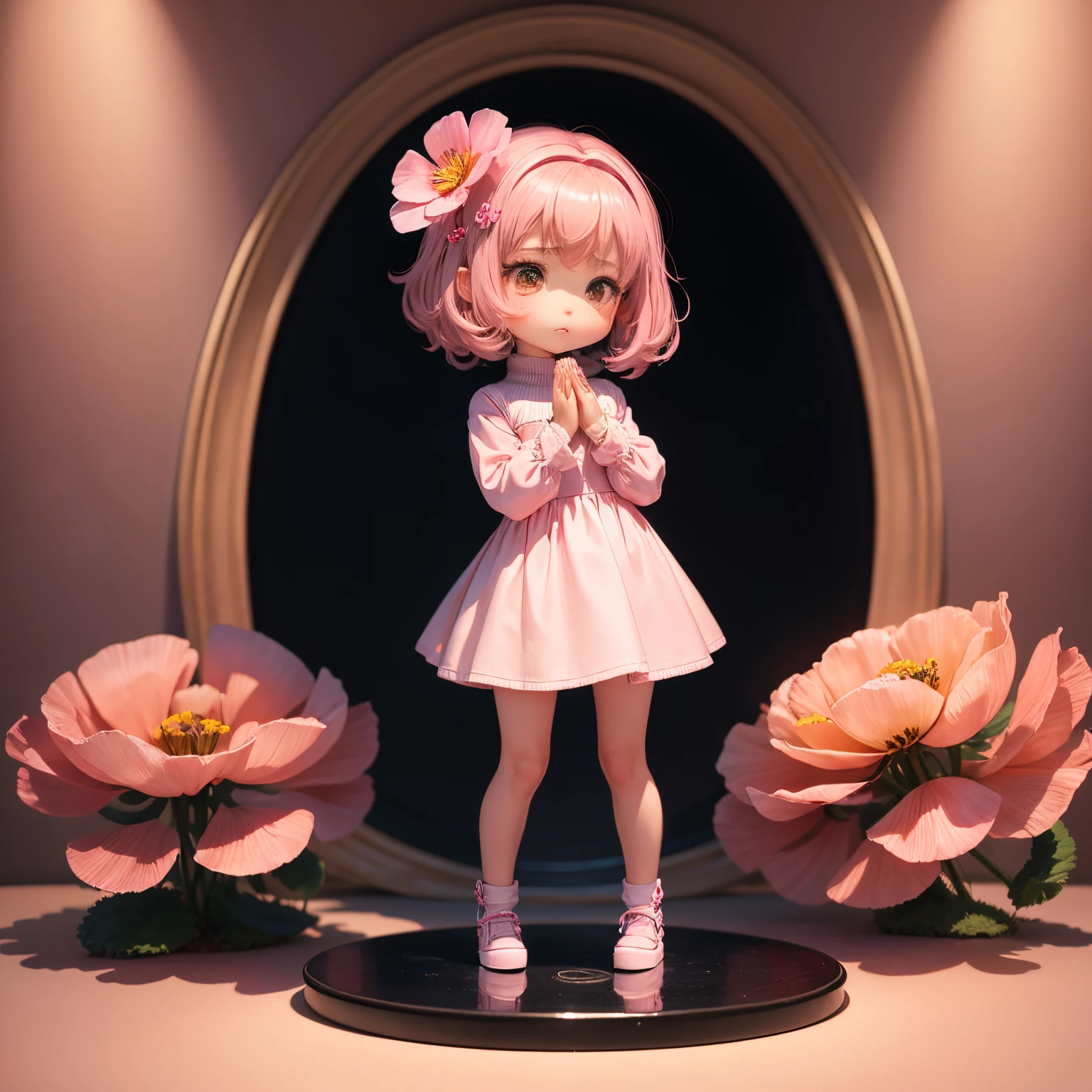 masterpiece、top-quality、ultra-detailliert、(Chibi Chara's Daughter:1.2)、Prayer Pose、tilt your head、Moist eyes、pink high neck knit、Full-body standing figure、background poppy flower wallpaper