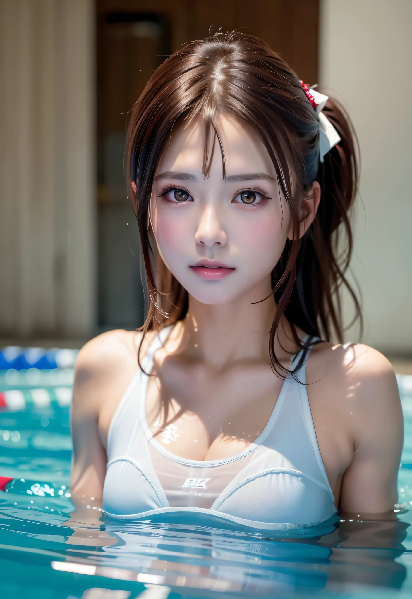 8K, of the highest quality, masutepiece:1.2), (Realistic, Photorealsitic:1.3), of the highest quality, masutepiece, Beautiful young woman, Pensive expression, Thoughtful look, Competitive swimmers、swim wears、Hair tied back, Cinematic background, Light skin tone、wetted skin