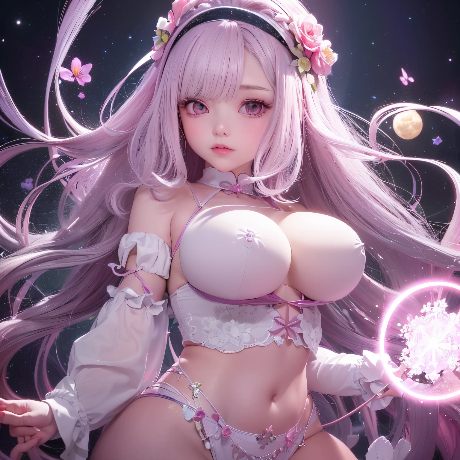 The upper part of the body、one girls、i have silver hair color、Two-tone、(Pink Highlight Hair、Curly hair,floral headband、very Bigger breasts、ultra gigantic tits、Sorcerer、tiny girl、off shoulders、I have a pink cane、A magic circle of flowers appears、small moon、luminous effect