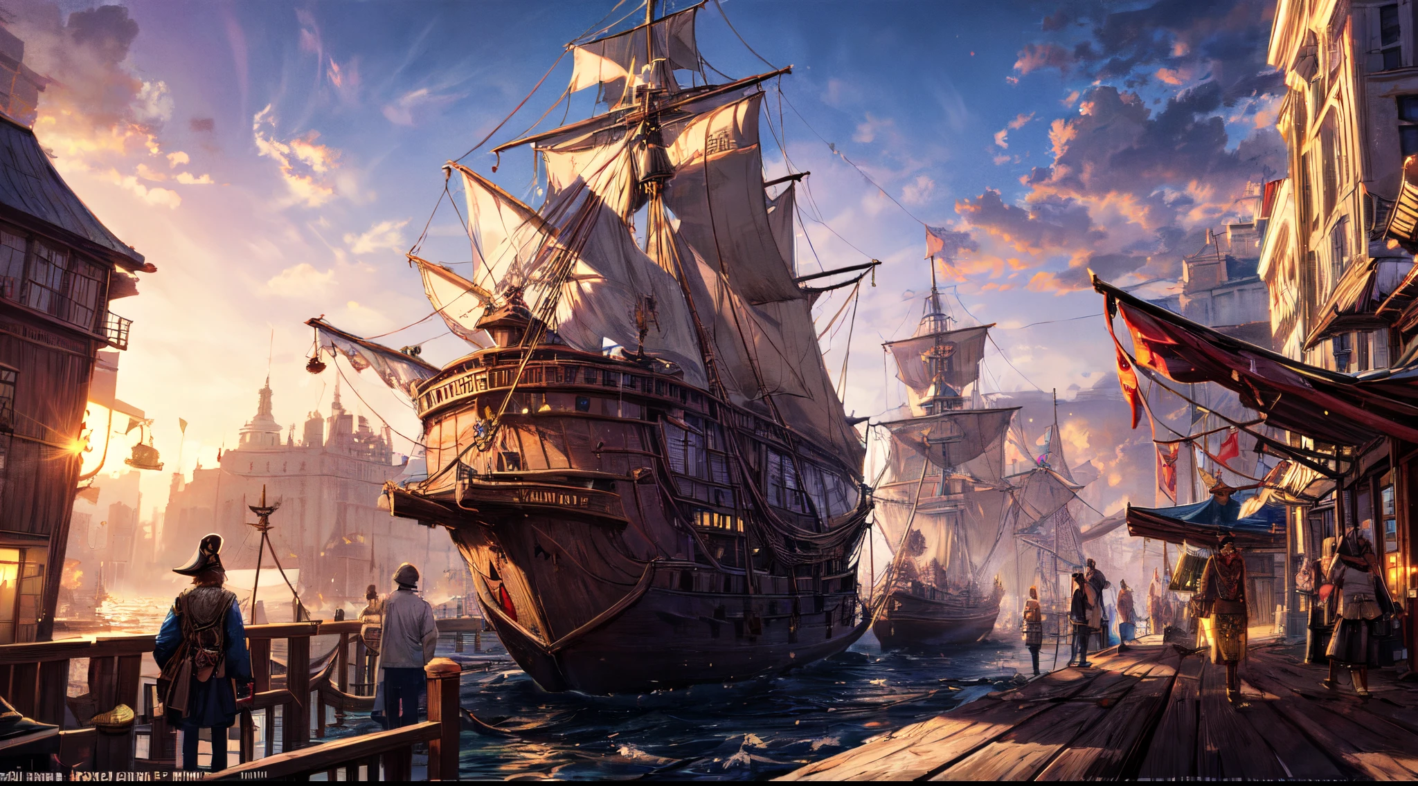 In the midst of the golden age of piracy, the bustling pirate dock thrived with a bustling crowd against the backdrop of a sprawling town.