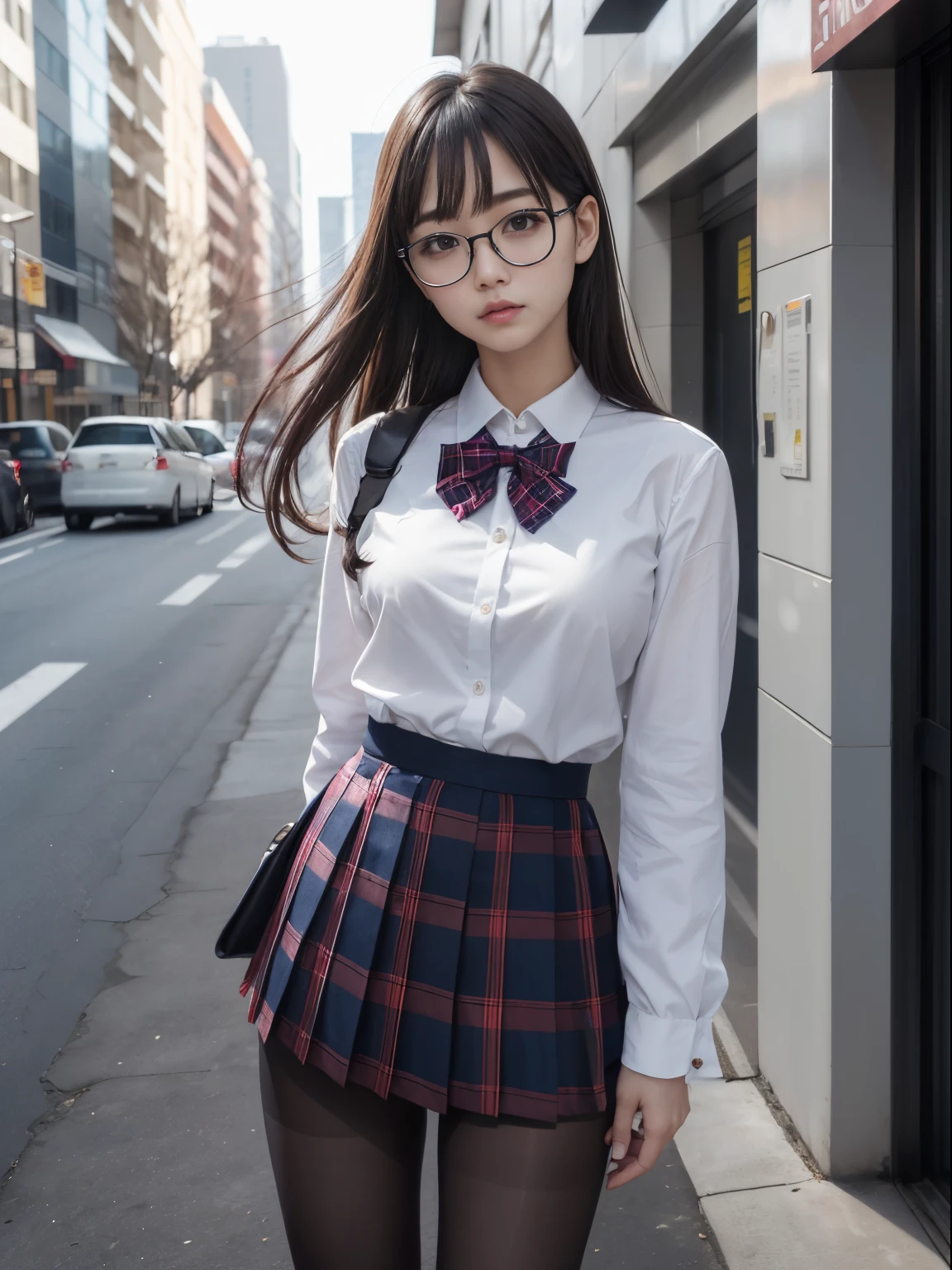 (I see underwear)、((Narrow-eyed))、((Narrow-eyed))、((Narrow-eyed))、(8K、Raw photography、top-quality、​masterpiece：1.2),、Has a small、(flat breast)、(flat breast)、(flat breast)、(flat breast)、(flat breast)、(being thin)、light skinned、skin whitening、Dark look、Rasping,glamor,Chromo-white skin,cocky,School,watching at viewers,Looking at the front,Muchimuchi,High-pitched clothing,Erotic,Pupils,de pele branca,kne,((Black pantyhose)),absurderes,a small face,,Forehead visible,Bangs hanging from the left and right sides of the forehead,(a cold expression,Tight eyes,glares,Bullish,irate)、​masterpiece,top-quality、超A high resolution,Raw photo,ren,Beautiful fece,One Person, 独奏,eye glass,,Dark look,Small breasts,fullllbody,Round glasses,JK school uniform,hi-school girl,A Japanese Lady, Standing,（Photorealsitic：1.37）、Photon mapping,Realistic、Beautie,Cute little face,Brown-eyed、Black socks、(Red bow tie)、Radio City、Physically Based Rendering、depth of field rally background、a picture,Body,beauty legs, Long legs, Thin leg,(Bangs are visible), hair, s lips, Blue_The eye, nosesoft,(Light blue shirt), (Navy and blue and white plaid pleated skirt), Knees are visible,Sheer clothing,, Thigh, Black cotton socks,Nogizaka Idol, , Japanese ido
