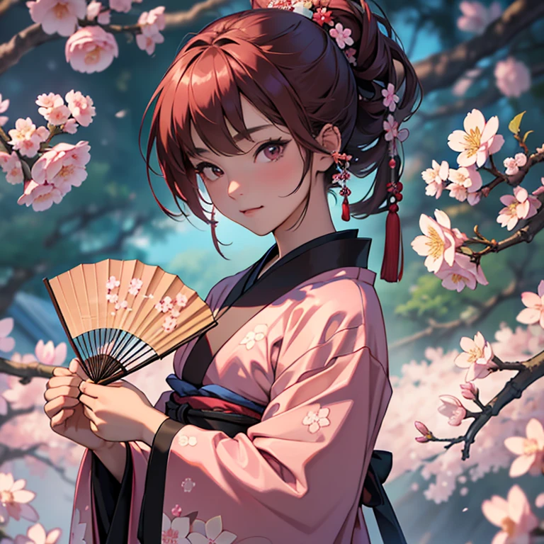 (masterpiece,High quality,Top quality,super detail, best quality ,)1 woman,************,beautiful,kimono,Japan,Put on traditional Japanese clothes,cherry blossom,pink,holding a fan,Face details,Skin details,full body,Hd,