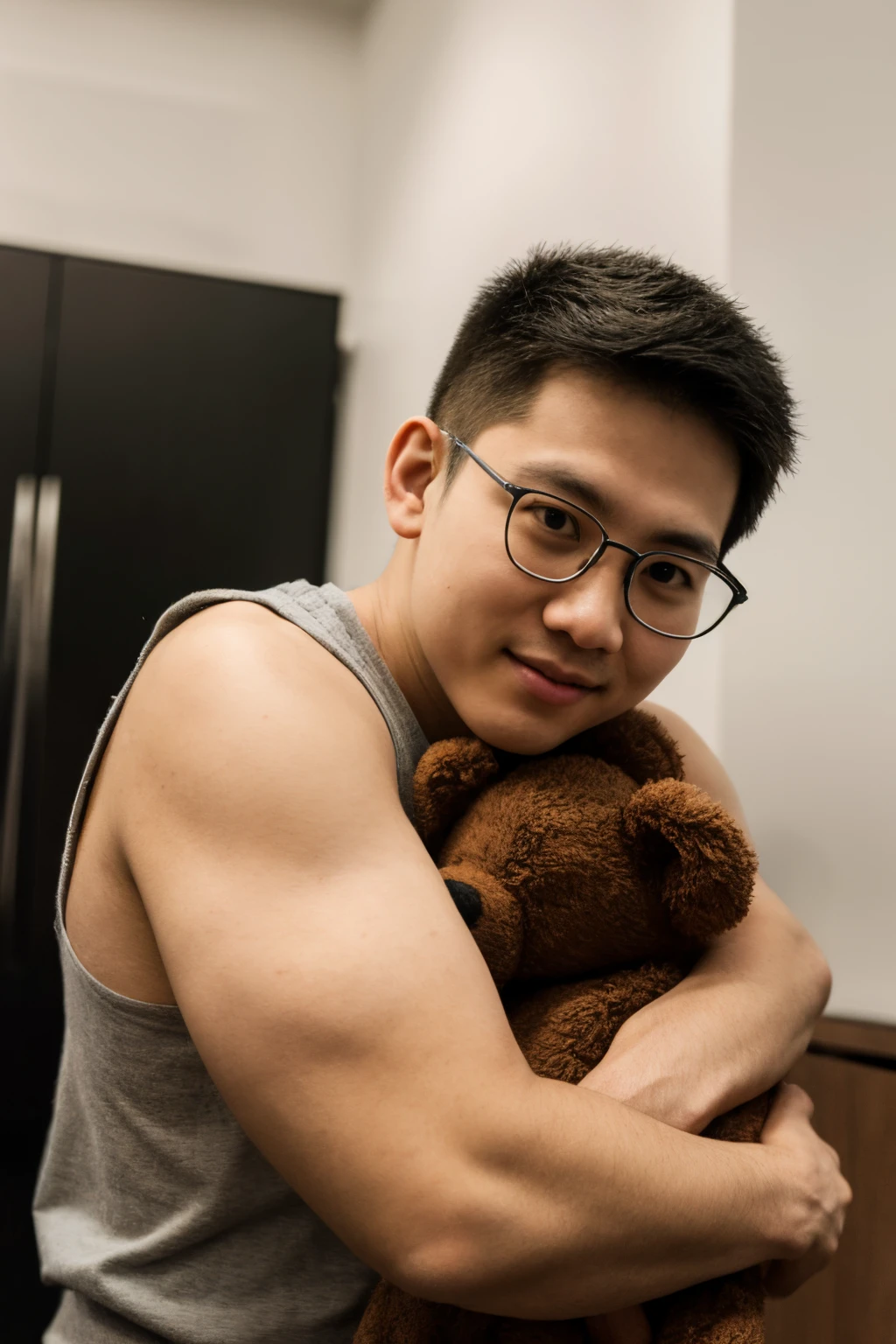 Andrew thomas huang, oval face, eyeglasses, sleeveless shirt, short, hugging huge teddy bear