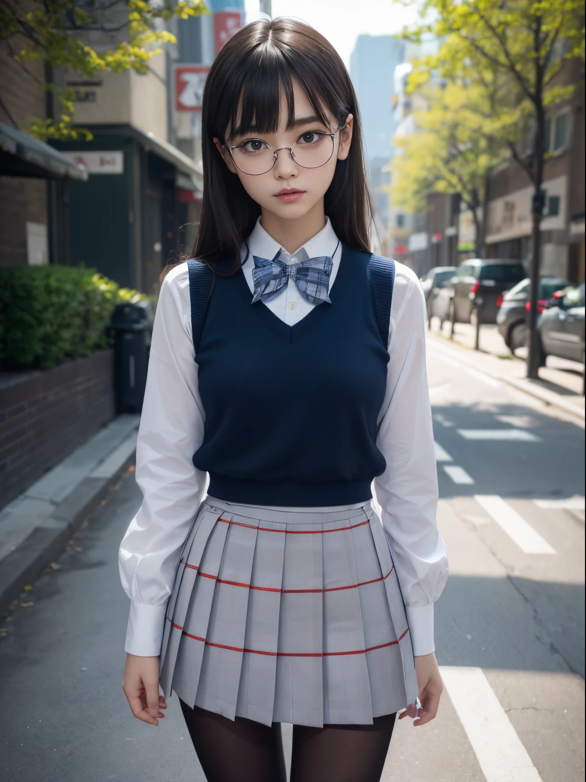 (I see underwear)、((Narrow-eyed))、((Narrow-eyed))、((Narrow-eyed))、(8K、Raw photography、top-quality、masterpiece:1.2),、Has a small、(flat breast)、(flat breast)、(flat breast)、(flat breast)、(flat breast)、(being thin)、light skinned、skin whitening、Dark look、Rasping,glamor,Chromo-white skin,cocky,School,watching at viewers,Looking at the front,Muchimuchi,High-pitched clothing,Erotic,Pupils,de pele branca,kne,((Black pantyhose)),absurderes,a small face,,Forehead visible,Bangs hanging from the left and right sides of the forehead,(a cold expression,Tight eyes,glares,Bullish,irate)、masterpiece,top-quality、超A high resolution,Raw photo,ren,Beautiful fece,One Person, 独奏,eye glass,,Dark look,Small breasts,fullllbody,Round glasses,JK school uniform,hi-school girl,A Japanese Lady, Standing,(Photorealsitic:1.37)、Photon mapping,Realistic、Beautie,Cute little face,Brown-eyed、Black socks、(Red bow tie)、Radio City、Physically Based Rendering、depth of field rally background、a picture,Body,beauty legs, Long legs, Thin leg,(Bangs are visible), hair, s lips, Blue_The eye, nosesoft,(Light blue shirt), (Navy and blue and white plaid pleated skirt), Knees are visible,Sheer clothing,, Thigh, Black cotton socks,Nogizaka Idol, , Japanese ido