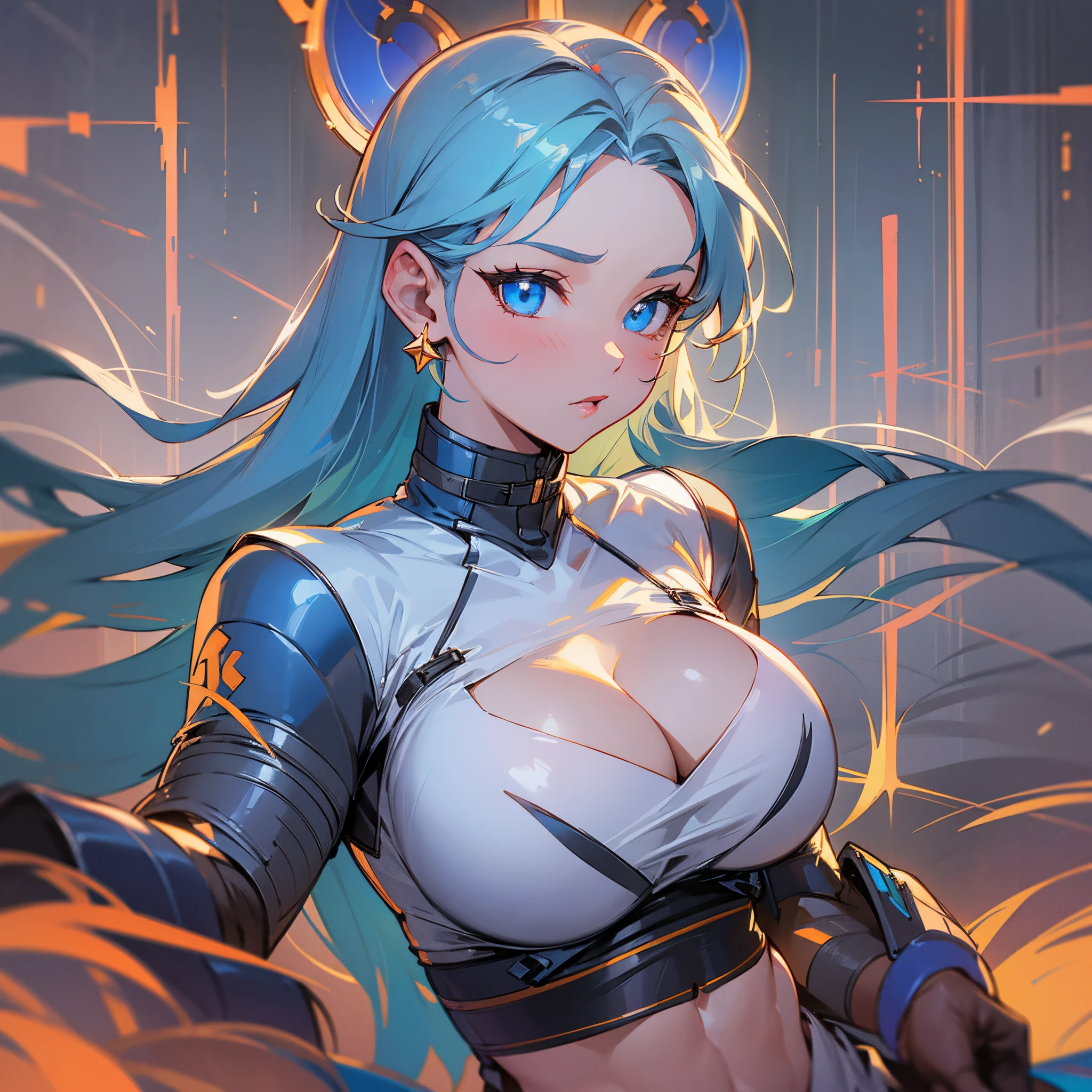 girl, huge breasts, strong biceps, strong abs, muscular, glowing blue eyes, beautiful, young, fair skin, smooth hair, high quality, detailed, masterpiece --auto --s2
