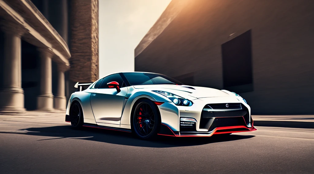 A Nissan GTR 35 Nismo, ((white color)), (best quality,4k,8k,highres,masterpiece:1.2),ultra-detailed,(realistic,photorealistic,photo-realistic:1.37), HDR, UHD, studio lighting, ultra-fine painting, sharp focus, physically-based rendering, extreme detail description, professional, vivid colors, bokeh, portraits, landscape, horror, anime, sci-fi, photography, concept artists, white-painted body, sleek and aerodynamic design, aggressive front grille, mesmerizing LED headlights, muscular and sculpted body lines, carbon fiber accents, large rear spoiler, distinct Nismo logo, sporty and powerful appearance, roaring exhaust sound, luxurious interior with premium leather seats, advanced touchscreen infotainment , cutting-edge technology, dynamic and thrilling driving experience, fast and smooth acceleration, precision handling, breathtaking scenic backdrop, dramatic lighting, vibrant colors, surreal atmosphere.