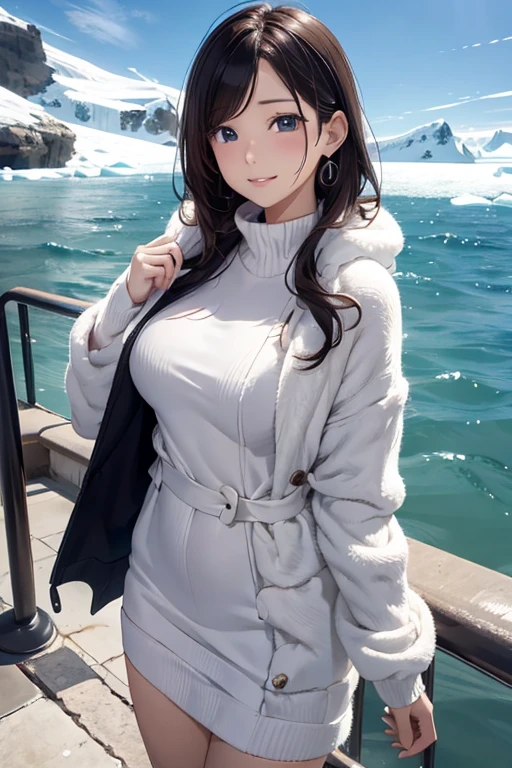 Best Quality, masutepiece, 超A high resolution,sexy woman shivering in the cold、walk in antarctica、Wear warm clothes、looking distantly