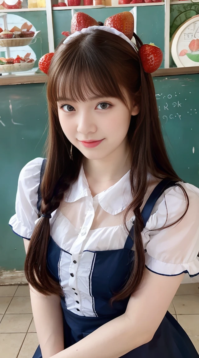 promo photo, The place a seaside cafeteria,1 girl, -yeld fa waitresses, Red-headed twin-tailed, Gentle face, Gothic Lolita half costume and maid costume with strawberry image, Clothes based on blue,