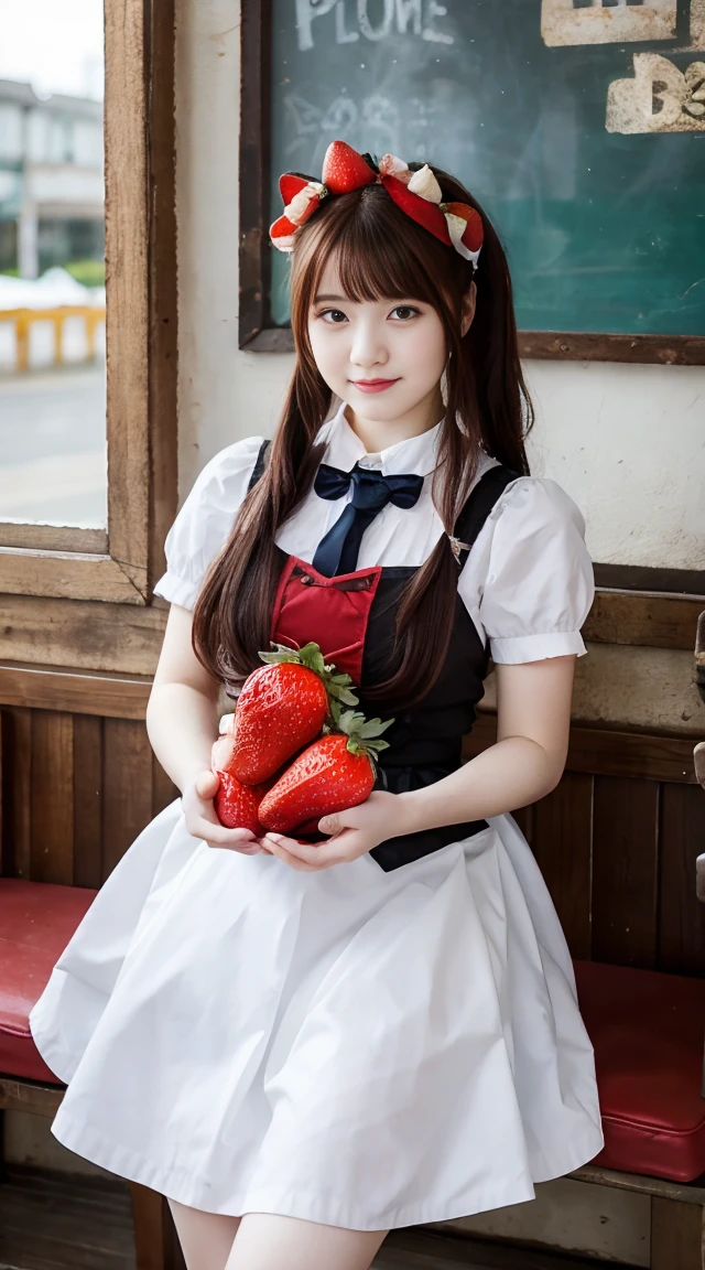 promo photo, The place  a seaside cafeteria，1 girl, 17-year-old face, waitresses, Red-headed twin-tailed, Gentle face, Gothic ****ta half costume and maid costume with strawberry image, Clothes based on blue,