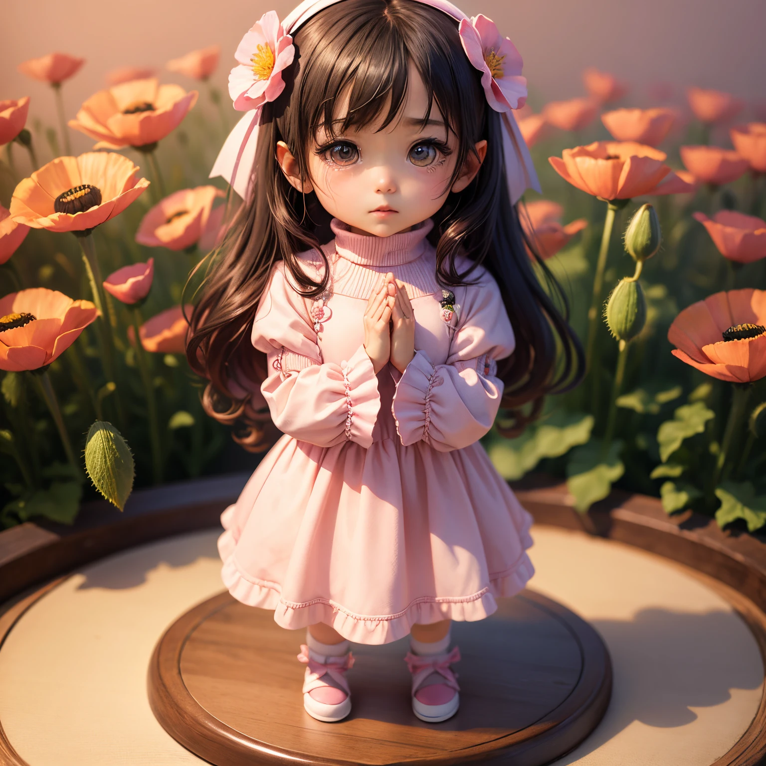 A cute kneeling down with both hands up praying, behind her is many colourful fruit trees with sparkling background and a cross