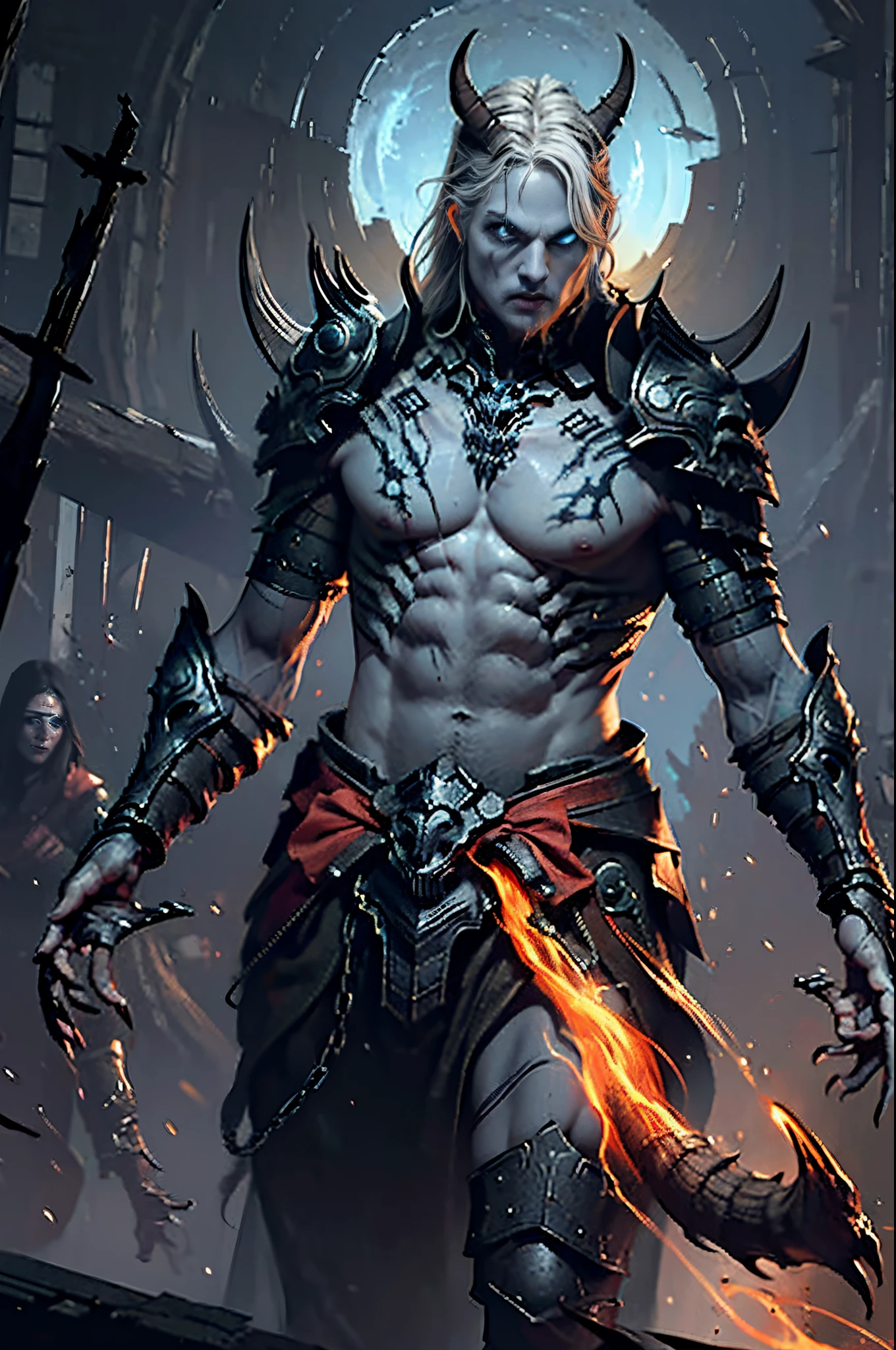 Standing in a cave,D14bl0 male necromancer, Detailed background depth of field,((Detailed faces)),((The eyes glow blue)),Tall figure,Long white hair,detailed back ground,red - eyed,Stand at the highest part of the city,Observe the city,Under the demon army,Epic war fantasy digital art,tmasterpiece,high high quality,8K,UHD resolution,Detailed detail drawing,realistically,电影灯光,an award winning photograph,surreal texture,dramatic lights,((Anatomically perfect proportions)),((Detailed faces)),詳細な目,((anatomically correct limbs)),((correct hand)),(greg rutkovsky:0.8), (cyan and orange:0.4),