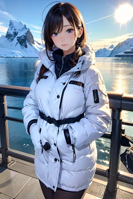 Best Quality, masutepiece, 超A high resolution,sexy woman shivering in the cold、walk in antarctica、Wear warm clothes、Troubled look、don't look viewer