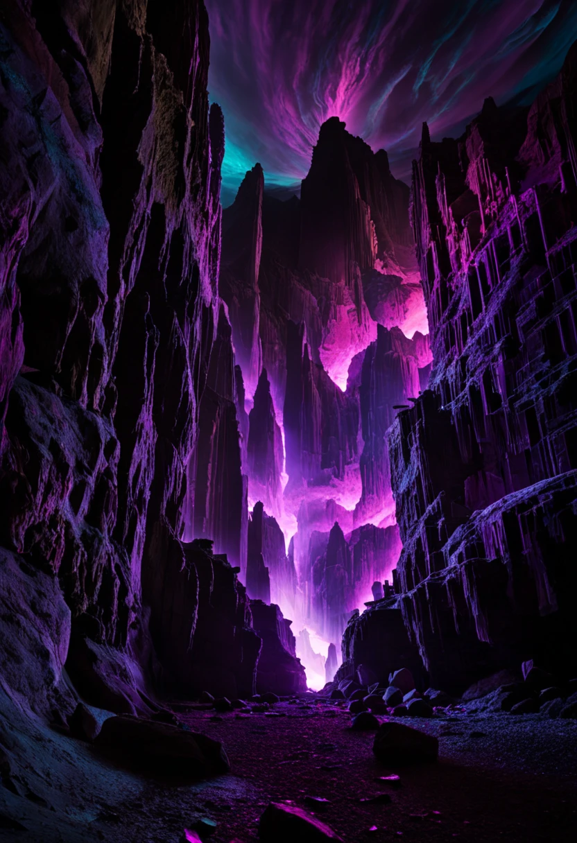 Glowing crystals grow on the walls of a dark cave, crystals glow with purple and pink neon light, crystals of varying sizes cover the walls and floor of the cave, in the ghostly neon light of the crystals, reflections from the shiny edges of the dark crystals are visible, the dark outlines of the cave walls and stalactites hanging from the ceiling are visible, this whole picture creates an unrealistically magical view, as if I had entered another fairy-tale dimension or a magical world of dungeons, 極端なディテール, High contrast, Hi-Def, great depth of field, digital arts, Masterpiece art, Feature photo, high exposure photo