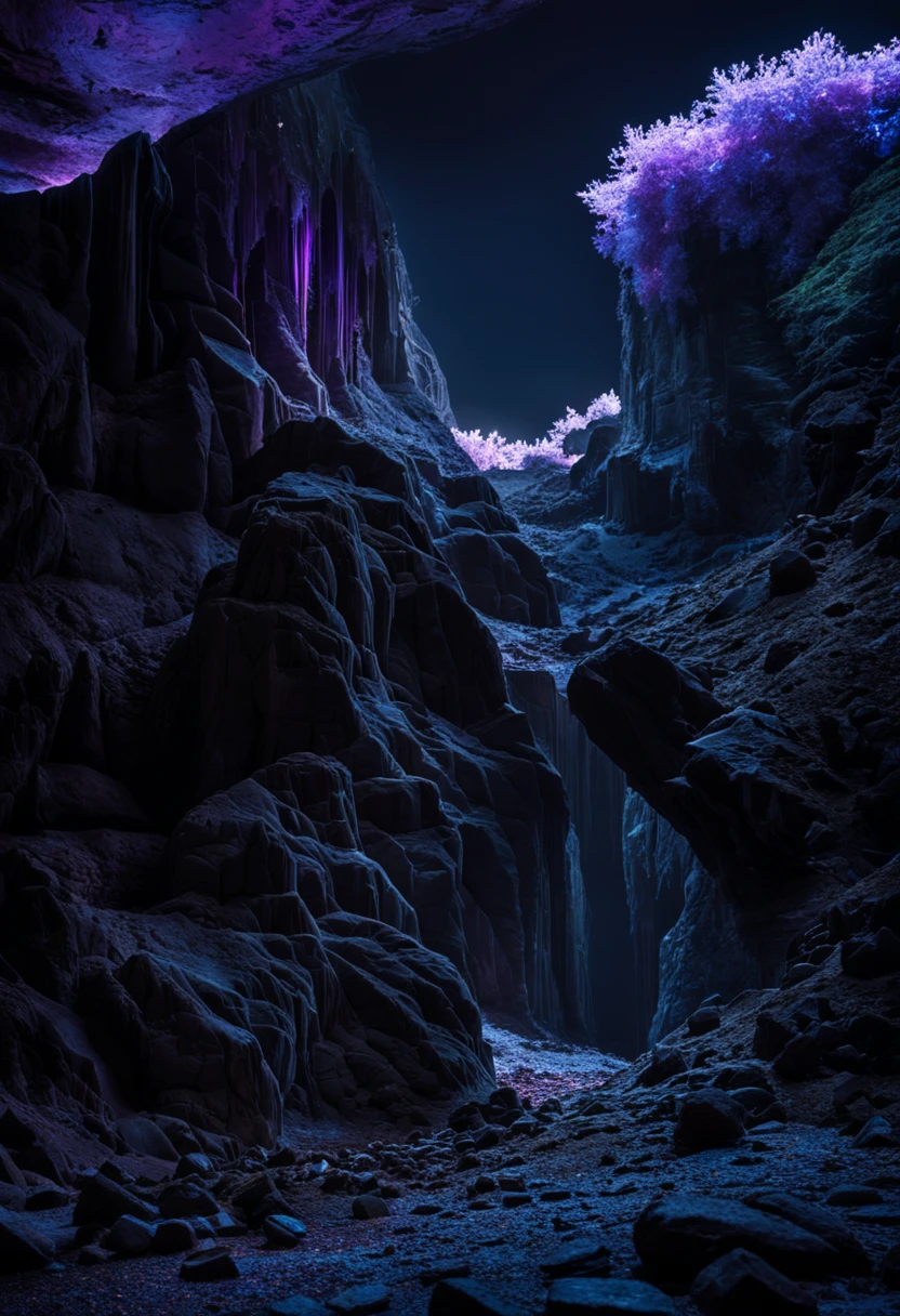 Glowing crystals grow on the walls of a dark cave, crystals glow with purple and pink neon light, crystals of varying sizes cover the walls and floor of the cave, in the ghostly neon light of the crystals, reflections from the shiny edges of the dark crystals are visible, the dark outlines of the cave walls and stalactites hanging from the ceiling are visible, this whole picture creates an unrealistically magical view, as if I had entered another fairy-tale dimension or a magical world of dungeons, 極端なディテール, High contrast, Hi-Def, great depth of field, digital arts, Masterpiece art, Feature photo, high exposure photo