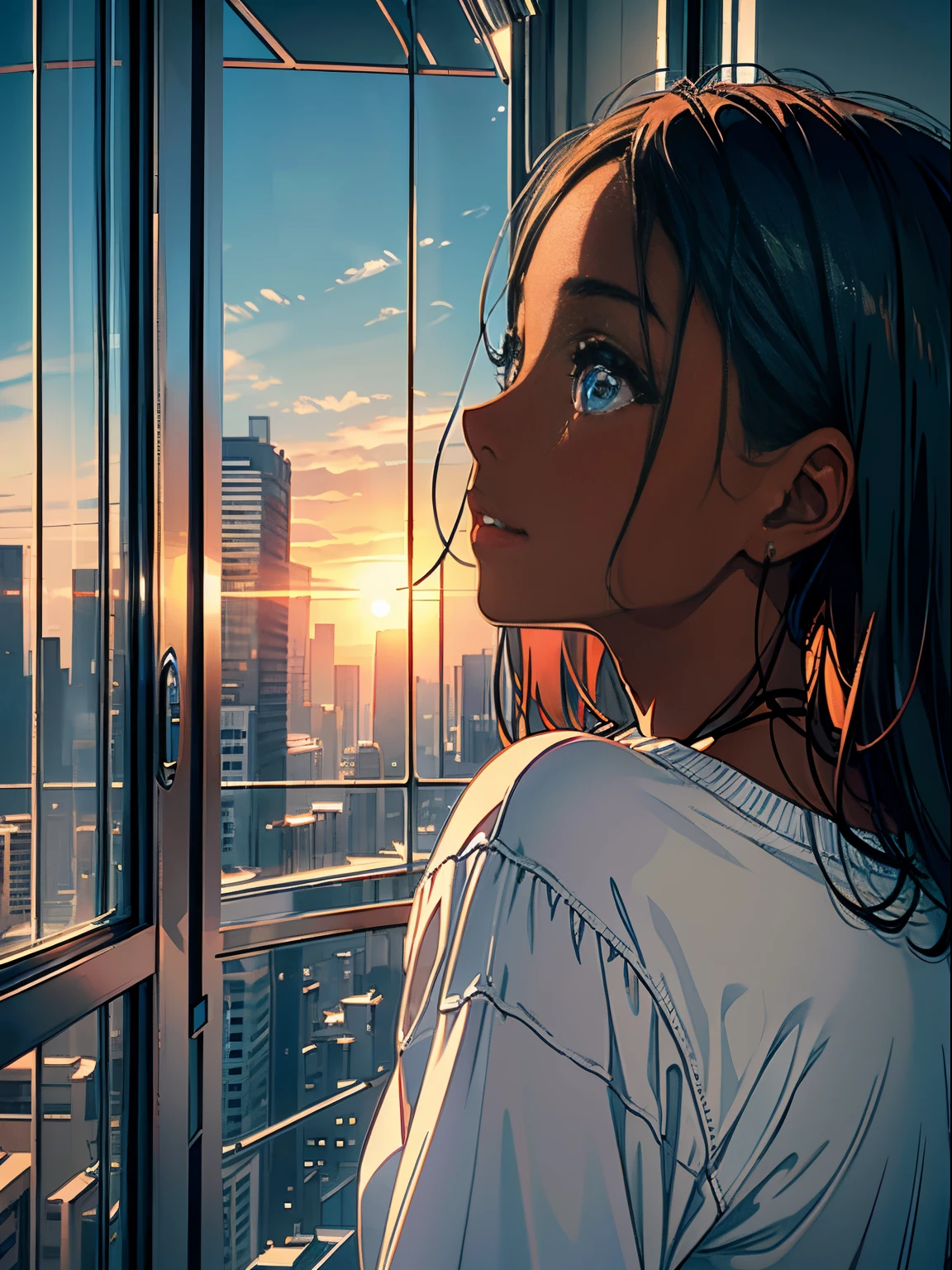 (Best Quality, Masterpiece) wall-、Afternoon sun、depth of fields、high resolution details、ultra-detailed、filming、surrealism、Soft light、(1 black girl with dark skin and blue eyes)、Deep field focus bokeh、Ray tracing、diffused(Ultra-fine glass reflection)、surrealism,(Woman sitting on a sofa in a house looking sideways out glass window:1.1)、Sun in the west reflection on the glass of the window、House scenery、profile, lonely