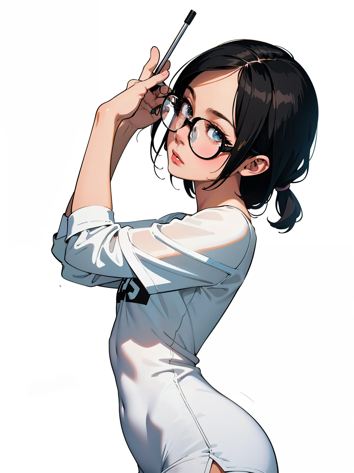a close-up of a girl with (short, dark hair), wearing (big glasses) and a (big, white t-shirt); (((Best quality))) master piece vector illustration; anime character in sharp focus; detailed and vibrant anime face; character design; beautiful and vibrant digital art, hyperdetailed; overexaggerated features; Dynamic Lighting; Volumetric Lighting in 8k, Ultra Sharp Focus; intricate Artwork Masterpiece