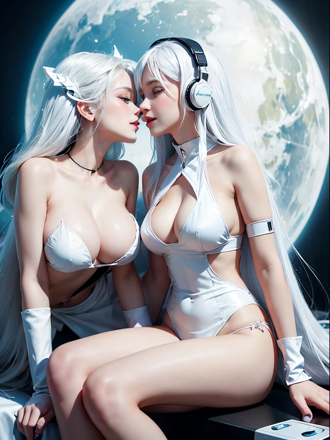 2 beauties，The enchanting woman raised her hand happily，Beautiful Women with Perfect Figure，Beautiful white skin，Beautiful eyes，Glossy lips，Lovely smile，White hair，Wear a bikini futuristic ta costume in white and black design，slightly topless, somewhat nude, leaning in to kiss the other, Headphones with functionality，Sitting inside the spaceship