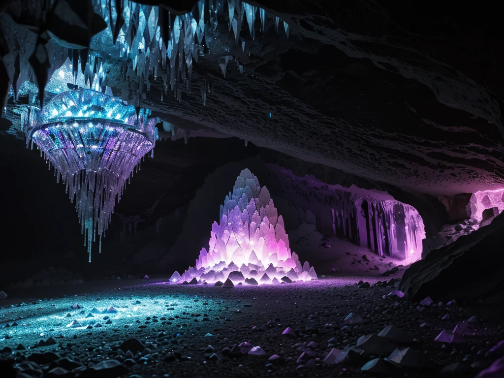 Glowing crystals grow on the walls of a dark cave, crystals glow with purple and pink neon light, crystals of different sizes cover the walls and floor of the cave, in the ghostly neon light of crystals, reflections from the shiny faces of dark crystals are visible, the dark outlines of the cave walls and stalactites hanging from the ceiling are visible, this whole picture creates an unreal magical appearance, as if I I got into another fabulous dimension or into the magical world of dungeons, The highest detail, high contrast, High definition, great depth of field, Digital art, Masterpiece art, artistic photo, high-exposure photo