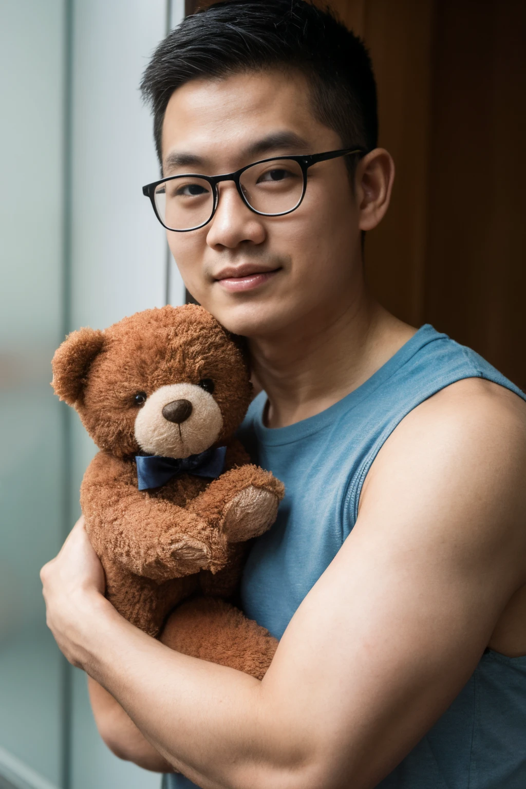 Andrew thomas huang, oval face, eyeglasses, sleeveless shirt, short, hug teddy bear