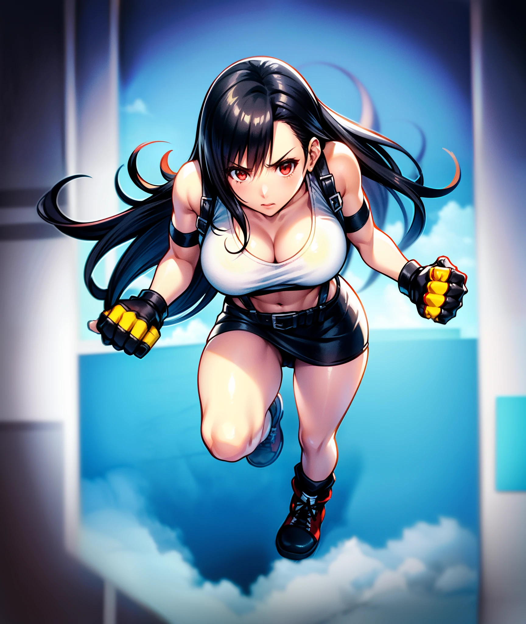 Tifa Lockhart,1girl, (super detail, best quality), (looking at viewer:1.4), (serious), show off panties, (white panties), (white sports bra), (black pencil skirt), (black suspender), (fingerless gloves), (clenched fist, 4fingers and 1thumblack belt), (black loose ankle socks), (red sneakers)