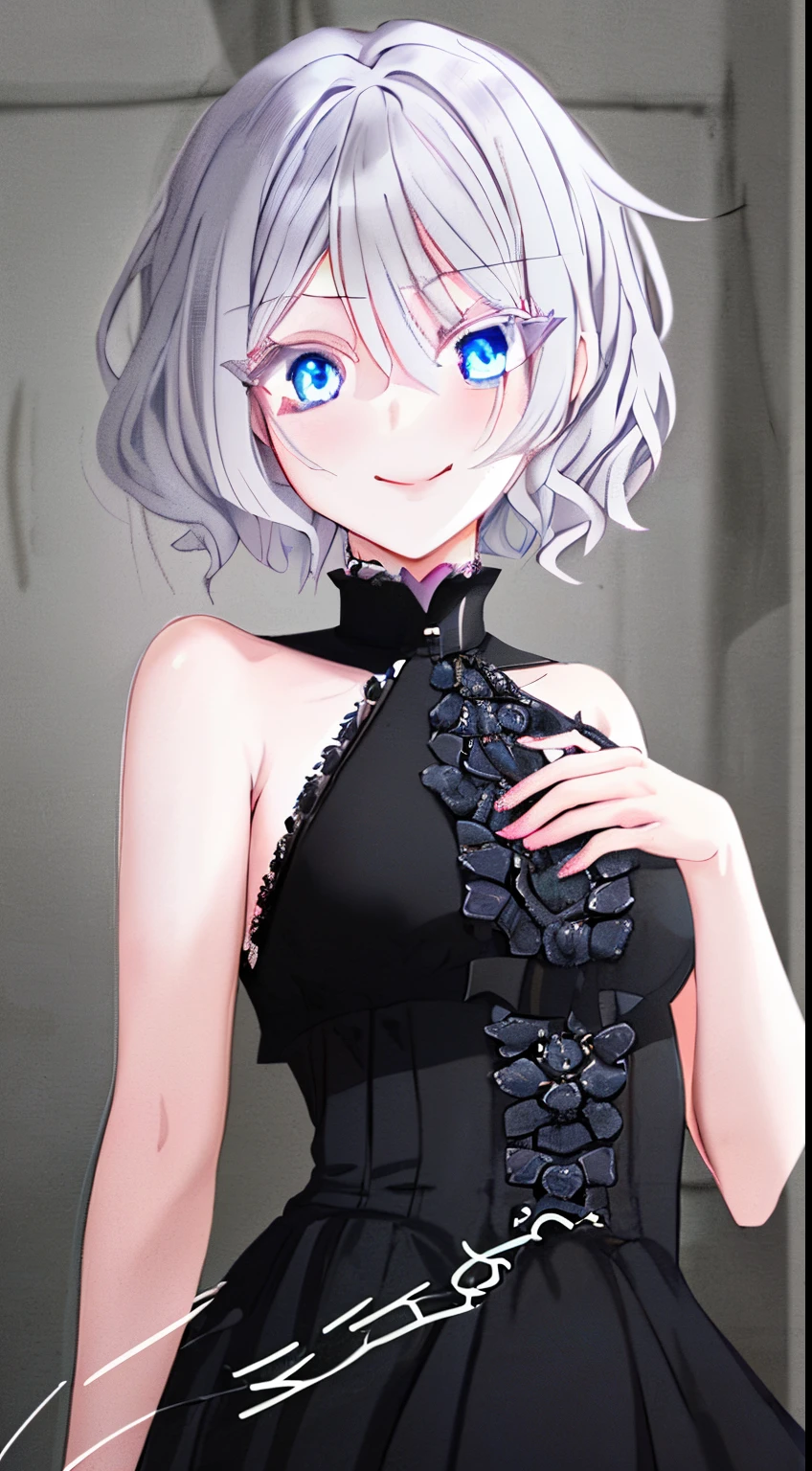 a girl silver hair, silver eyelashes, blue eyes in a goth black dress, anime girl wearing a goth black dress, 11 - year - old anime goth girl, hair between eyes ,short wavy hair,smile,