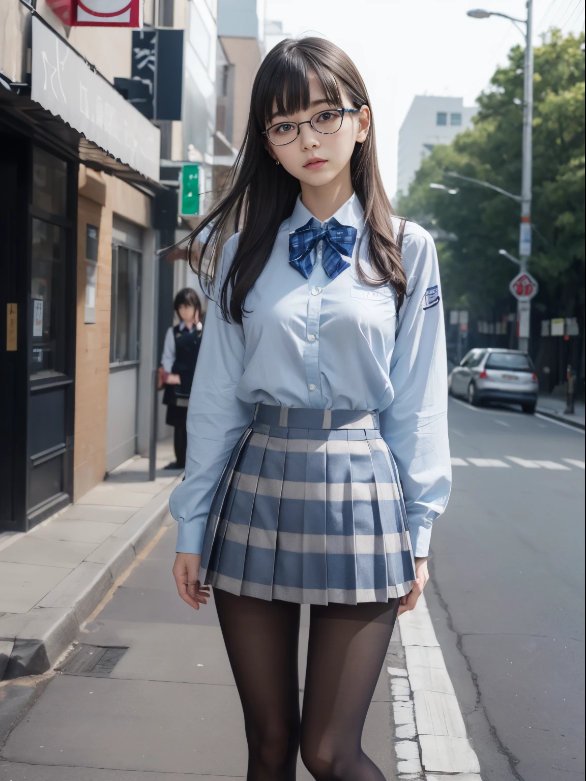 (I see underwear)、((Narrow-eyed))、((Narrow-eyed))、((Narrow-eyed))、(8K、Raw photography、top-quality、masterpiece:1.2),、Has a small、(flat breast)、(flat breast)、(flat breast)、(flat breast)、(flat breast)、(being thin)、light skinned、skin whitening、Dark look、Rasping,glamor,Chromo-white skin,cocky,School,watching at viewers,Looking at the front,Muchimuchi,High-pitched clothing,Erotic,Pupils,de pele branca,kne,((Black pantyhose)),absurderes,a small face,,Forehead visible,Bangs hanging from the left and right sides of the forehead,(a cold expression,Tight eyes,glares,Bullish,irate)、masterpiece,top-quality、超A high resolution,Raw photo,ren,Beautiful fece,One Person, 独奏,eye glass,,Dark look,Small breasts,fullllbody,Round glasses,JK school uniform,hi-school girl,A Japanese Lady, Standing,(Photorealsitic:1.37)、Photon mapping,Realistic、Beautie,Cute little face,Brown-eyed、Black socks、(Red bow tie)、Radio City、Physically Based Rendering、depth of field rally background、a picture,Body,beauty legs, Long legs, Thin leg,(Bangs are visible), hair, s lips, Blue_The eye, nosesoft,(Light blue shirt), (Navy and blue and white plaid pleated skirt), Knees are visible,Sheer clothing,, Thigh, Black cotton socks,Nogizaka Idol, , Japanese ido