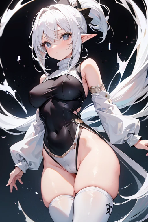 1elf girl, white hair, Layered Wavy Hairstyle with ponytail, black eyes, wearing bodysuit, sweater, White thigh high socks, black room, shy,