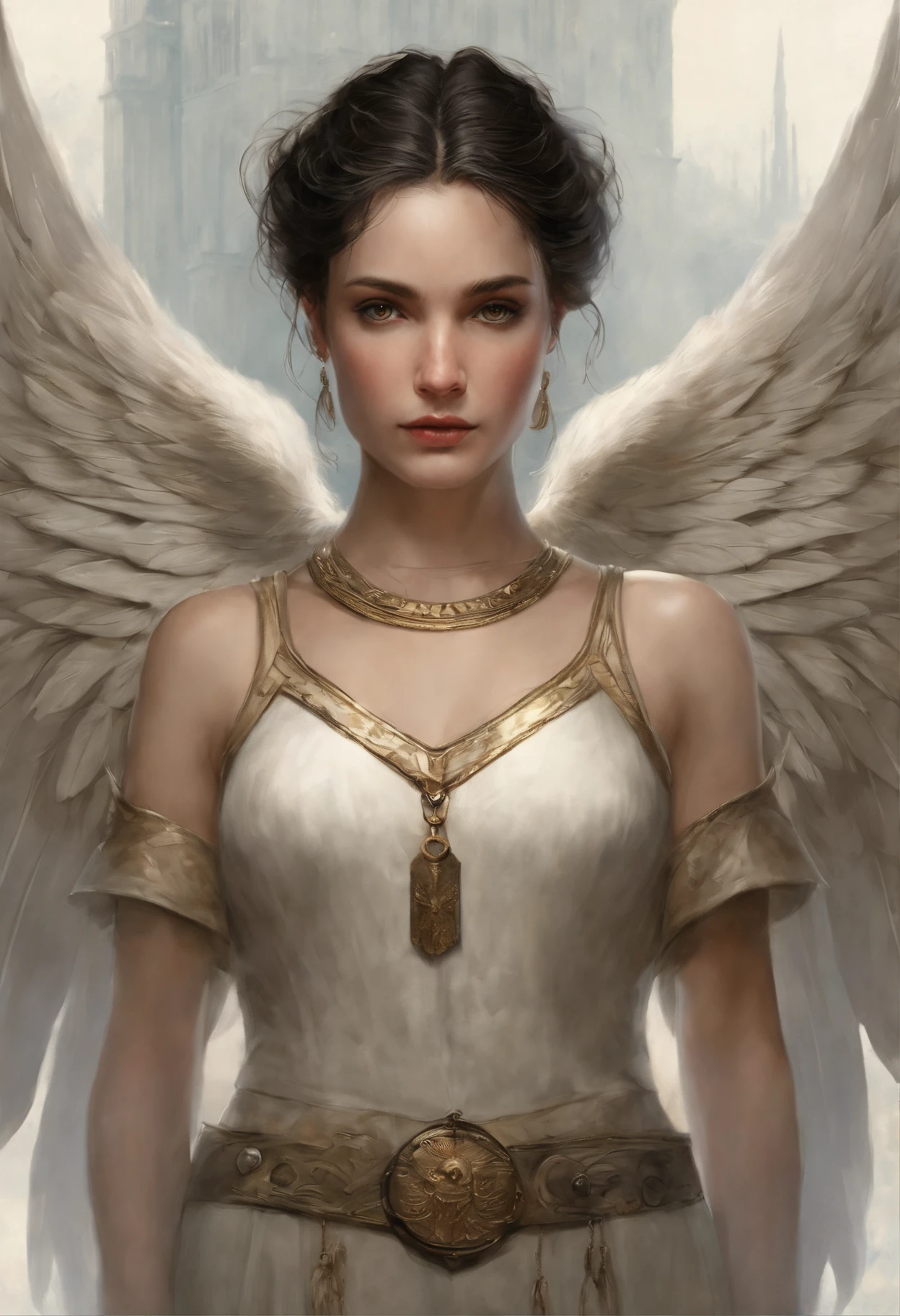 真实感, dark fantasy style, John Tolkien style, Small painting by Jean-Baptiste Monge, portraite of a, looks from the front, Soft facial features, Angel Girl, Average height, dark pink lip shapes "classic", Angryburts shaped eyebrows, dark brown eyes, downcast eye corner, looking at away, black hair, hair braided in a long thick tight braid, classic braid, hairstyle with classic braiding, slightly upturned nose, in the form of a Valkyrie, Carol Buck style, behind his back are huge open angel wings, Sword in hand, Slightly naked, Priestesses, dressed in white and gold clothes, holy golden armor, Celestial Queen, Standing next to a motorcycle, rain is dripping, The city, megalopolis, city trail, big house, glass skyscraper Jean-Baptiste Monge, anthropomorphic --ar 2:3 --testp -optimistic;