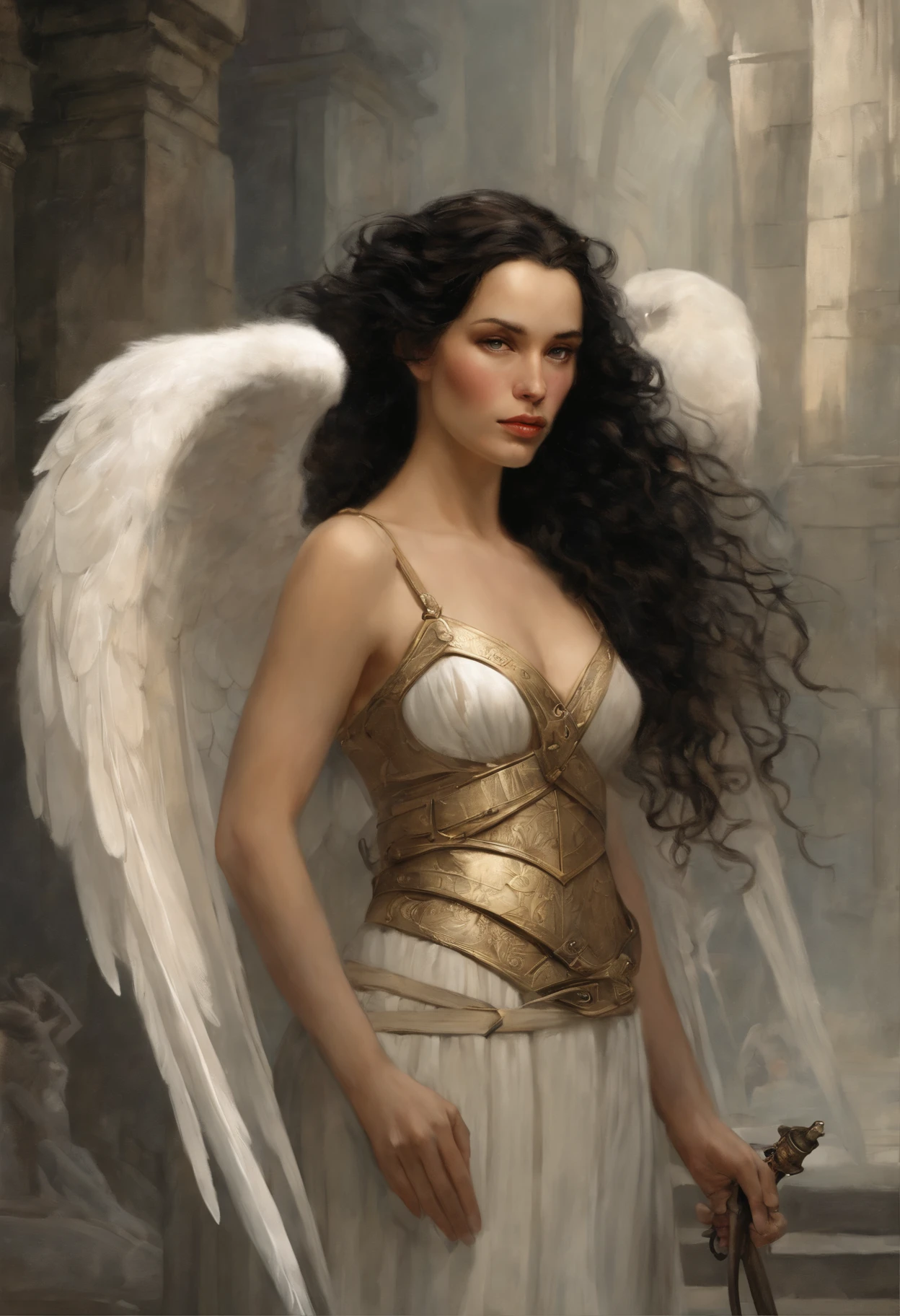 真实感, dark fantasy style, John Tolkien style, Small painting by Jean-Baptiste Monge, portraite of a, looks from the front, Soft facial features,  Angel Girl, Average height, dark pink lip shapes "classic", Angryburts shaped eyebrows, dark brown eyes, downcast eye corner, looking at away,  black  hair, hair braided in a long thick tight braid,  classic braid, hairstyle with classic braiding, slightly upturned nose,  in the form of a Valkyrie,  Carol Buck style, behind his back are huge open angel wings, Sword in hand, Slightly naked, Priestesses, dressed in white and gold clothes, holy golden armor, Celestial Queen, Standing next to a motorcycle, rain is dripping, The city, megalopolis, city trail, big house, glass skyscraper Jean-Baptiste Monge, anthropomorphic --ar 2:3 --testp -optimistic;