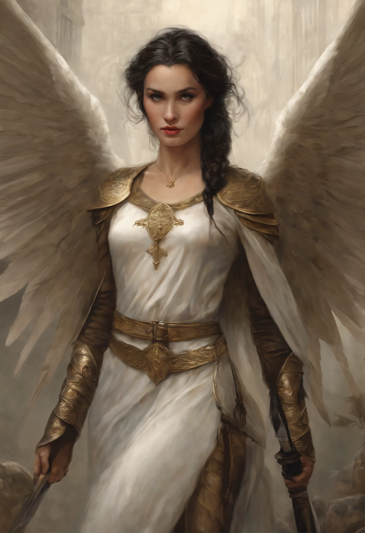 真实感, dark fantasy style, John Tolkien style, Small painting by Jean-Baptiste Monge, portraite of a, looks from the front, Soft facial features,  Angel Girl, Average height, dark pink lip shapes "classic", Angryburts shaped eyebrows, dark brown eyes, downcast eye corner, looking at away,  black  hair, hair braided in a long thick tight braid,  classic braid, hairstyle with classic braiding, slightly upturned nose,  in the form of a Valkyrie,  Carol Buck style, behind his back are huge open angel wings, Sword in hand, Slightly naked, Priestesses, dressed in white and gold clothes, holy golden armor, Celestial Queen, Standing next to a motorcycle, rain is dripping, The city, megalopolis, city trail, big house, glass skyscraper Jean-Baptiste Monge, anthropomorphic --ar 2:3 --testp -optimistic;