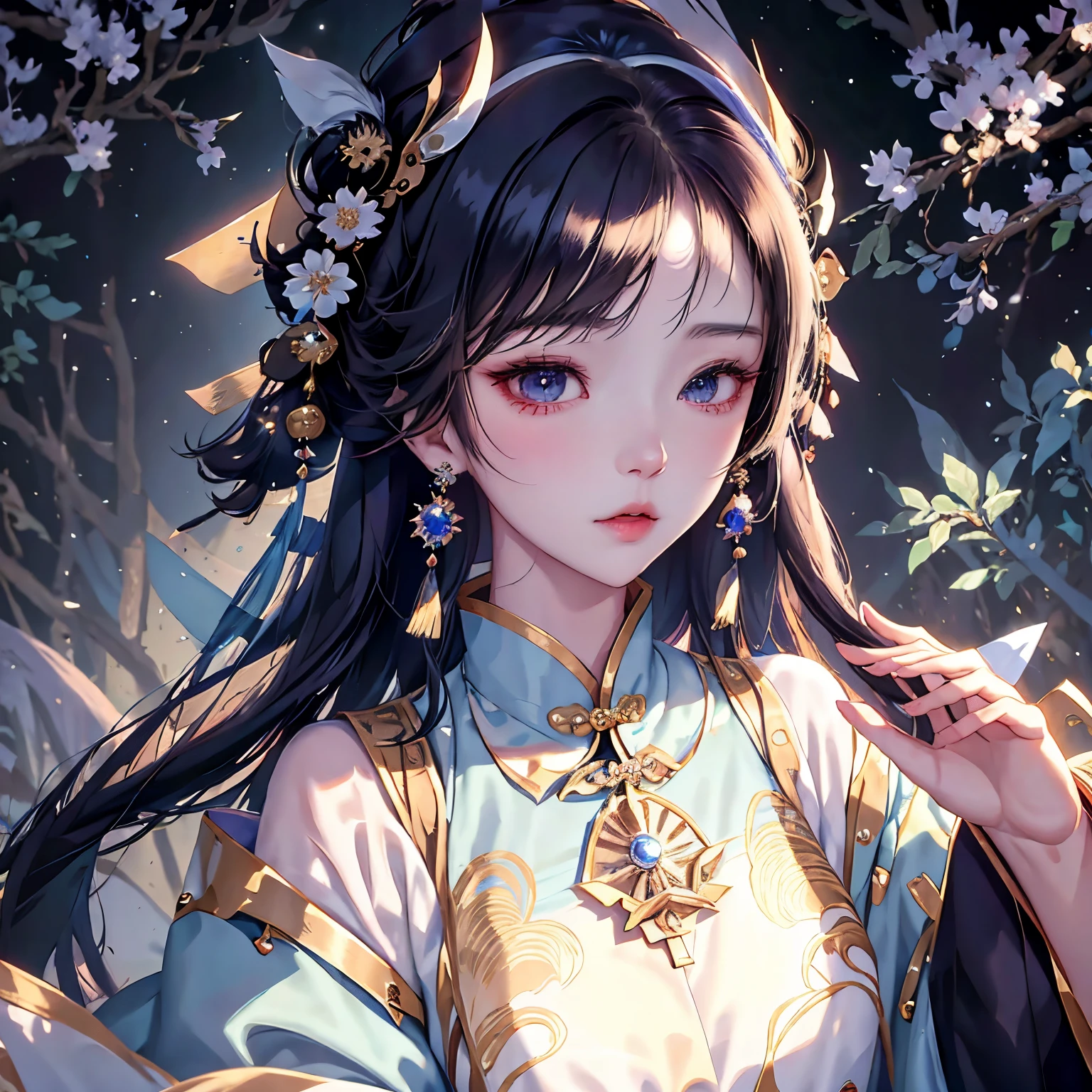 animemanga girl，Long black hair，Wearing blue earrings，wears a white dress, Ayaka Genshin impact, Cute anime waifu wearing beautiful clothes, anime grandma, onmyoji, ayaka game genshin impact, onmyoji detailed art, Anime cute art style, azur lane style, Inspired by Puhua, 《the original god》Keqing in, By Anime Painter Studio