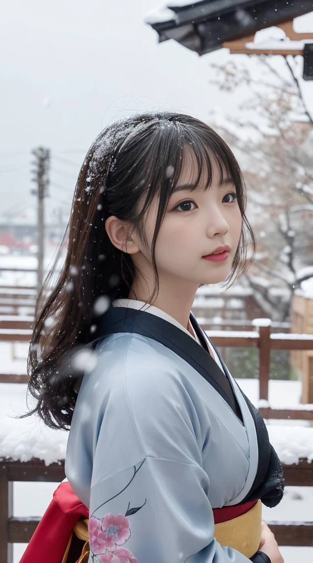 (Kimono)、、(top-quality,masterpiece:1.3,A high resolution,),(ultra-detailliert,Caustics),(Photorealsitic:1.4,RAW shooting,)Ultra-realistic capture,A highly detailed,high-definition16Kfor human skin, Skin texture natural, The skin looks healthy with an even tone, Use natural light and color,One Woman,japanes,kawaii, A dark-haired,Middle hair,(depth of fields, chromatic abberation, Wide range of lighting、Natural Shading)(Falling snow:1.3)、(Hair swaying in the wind:1.2)、(Snow reflects light:1.3)
