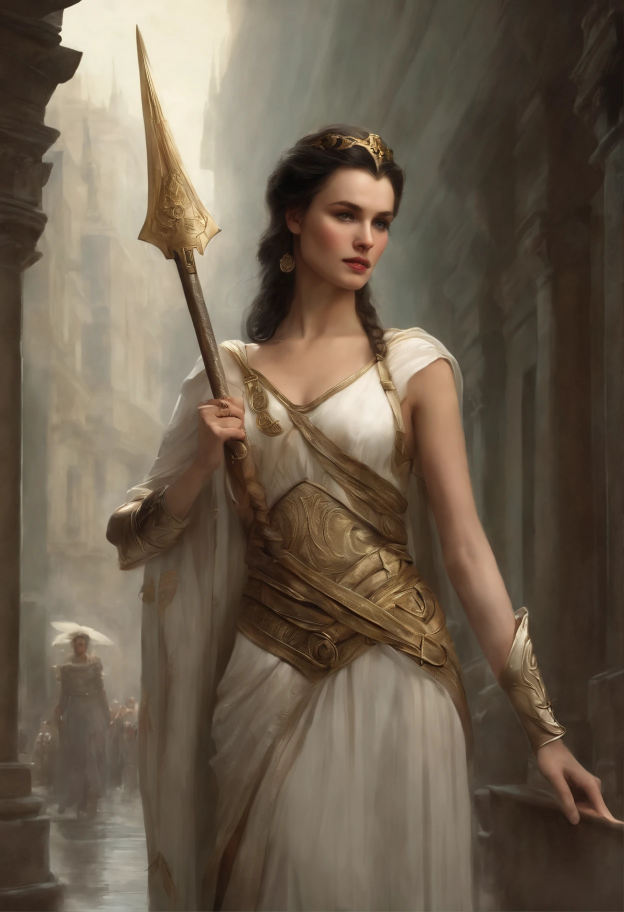 真实感, dark fantasy style, John Tolkien style, Small painting by Jean-Baptiste Monge, portraite of a, looks from the front, Soft facial features, Angel Girl, Average height, dark pink lips, lip shape "Classic", Eyebrows shaped like Angryburts, dark brown eyes, green colored eyes, drooping eye shape, drooping corner of the eye, looking at away, black hair, hair braided in a long thick tight braid, classic braid, hairstyle with classic braid, slightly upturned nose, Hand detailing, in the hands of the sword of the heavenly warrior, in the form of a Valkyrie, Carol Buck style, behind his back are huge open angel wings, Sword in hand, Slightly naked, Priestesses, dressed in white and gold clothes, holy golden armor, Celestial Queen, Standing next to a motorcycle, rain is dripping, The city, megalopolis, city trail, big house, glass skyscraper Jean-Baptiste Monge, anthropomorphic --ar 2:3 --testp -optimistic;