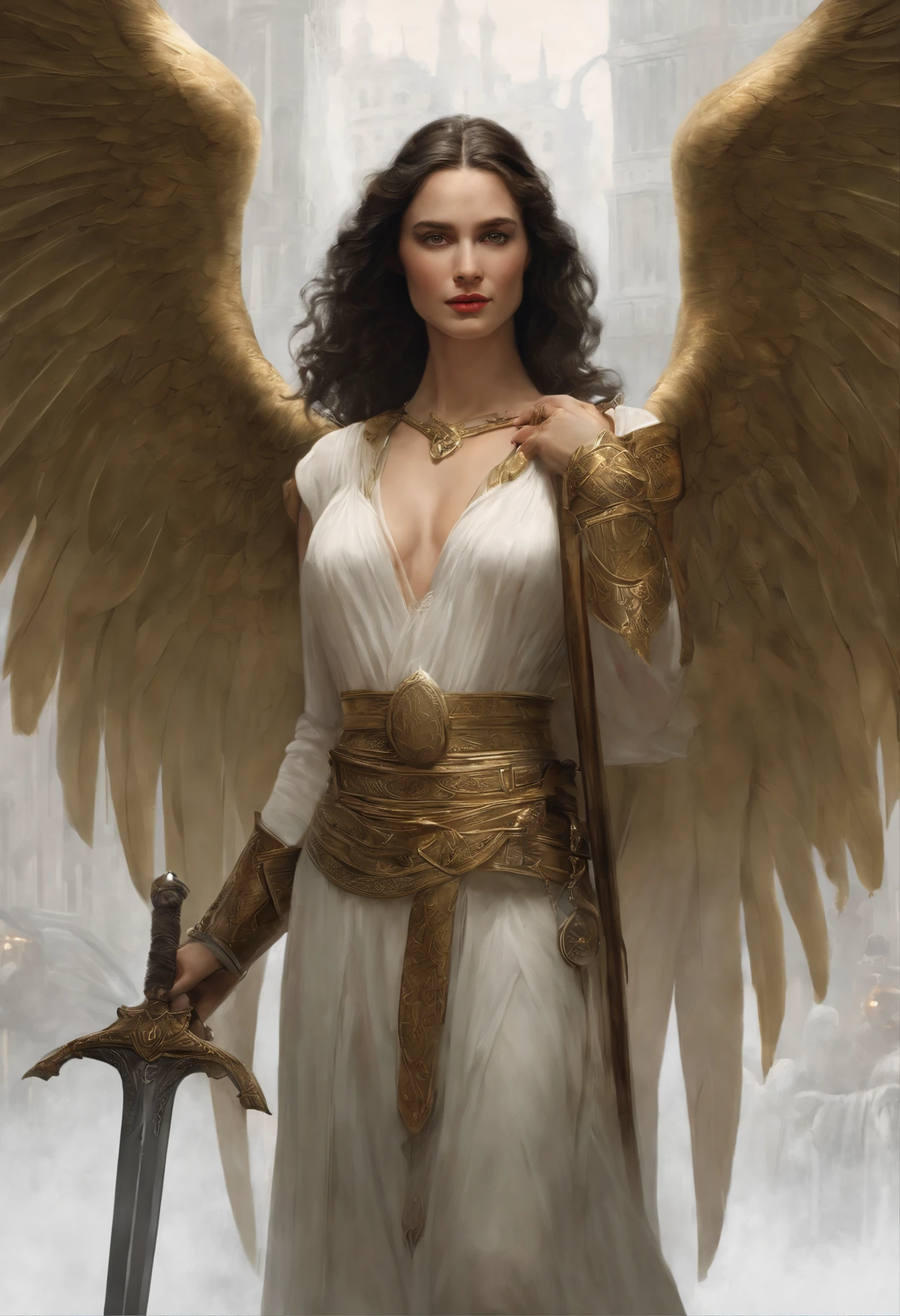 真实感, dark fantasy style, John Tolkien style, Small painting by Jean-Baptiste Monge, portraite of a, looks from the front, Soft facial features, Angel Girl, Average height, dark pink lips, lip shape "Classic", Eyebrows shaped like Angryburts, dark brown eyes, green colored eyes, drooping eye shape, drooping corner of the eye, looking at away, black hair, hair braided in a long thick tight braid, classic braid, hairstyle with classic braid, slightly upturned nose, Hand detailing, in the hands of the sword of the heavenly warrior, in the form of a Valkyrie, Carol Buck style, behind his back are huge open angel wings, Sword in hand, Slightly naked, Priestesses, dressed in white and gold clothes, holy golden armor, Celestial Queen, Standing next to a motorcycle, rain is dripping, The city, megalopolis, city trail, big house, glass skyscraper Jean-Baptiste Monge, anthropomorphic --ar 2:3 --testp -optimistic;