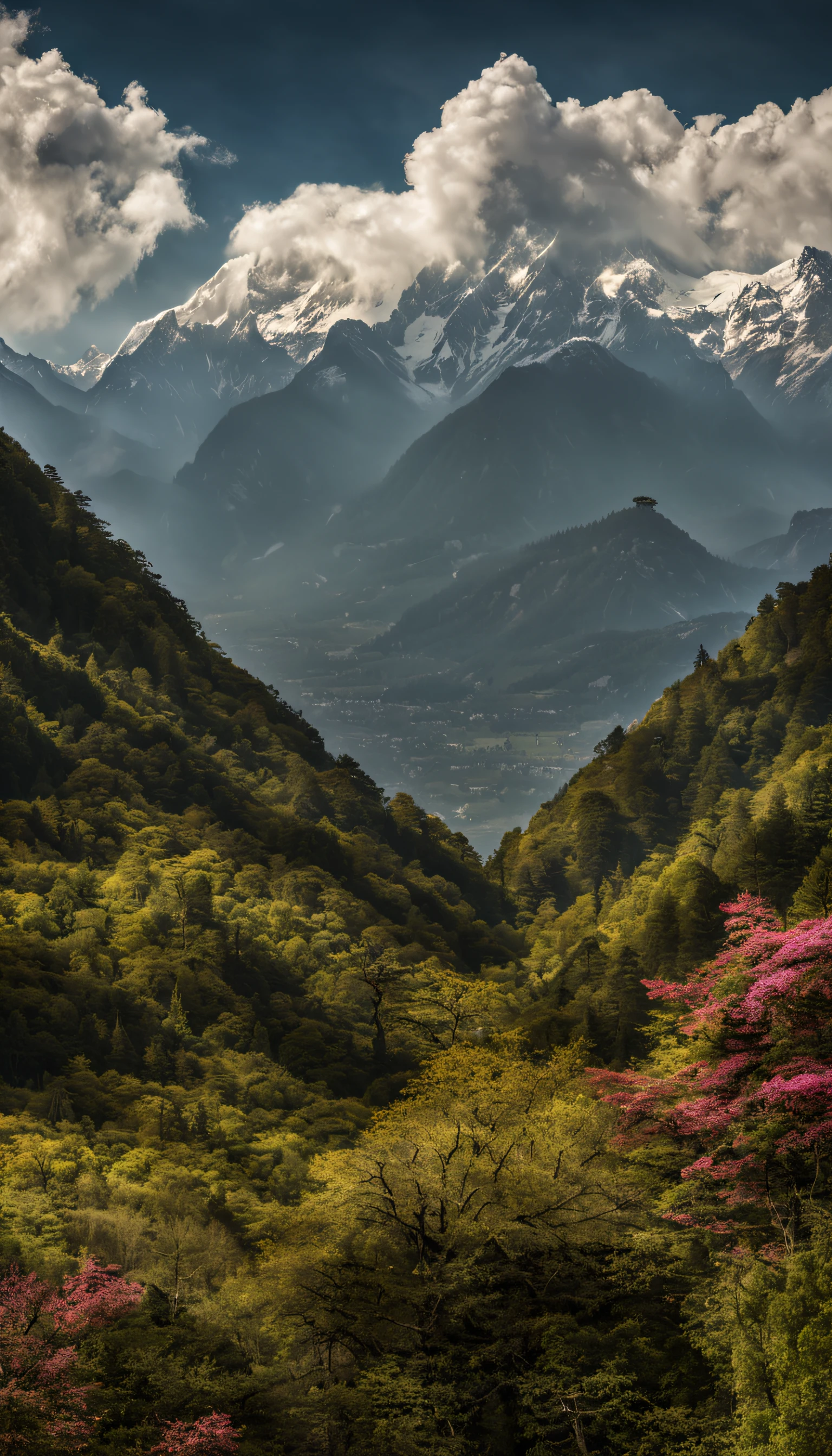There are several clouds in the sky， Mountain environment, mountainous background, mountainous terrain, Surrounding mountains, Mountainous, mountain in background, Mountains on the background, Monte, Stunning Himalayan landscape, Mountains on the background, mountain scene, background of mountain, Monte, Background mountain, mountain range in background, mountain range in background