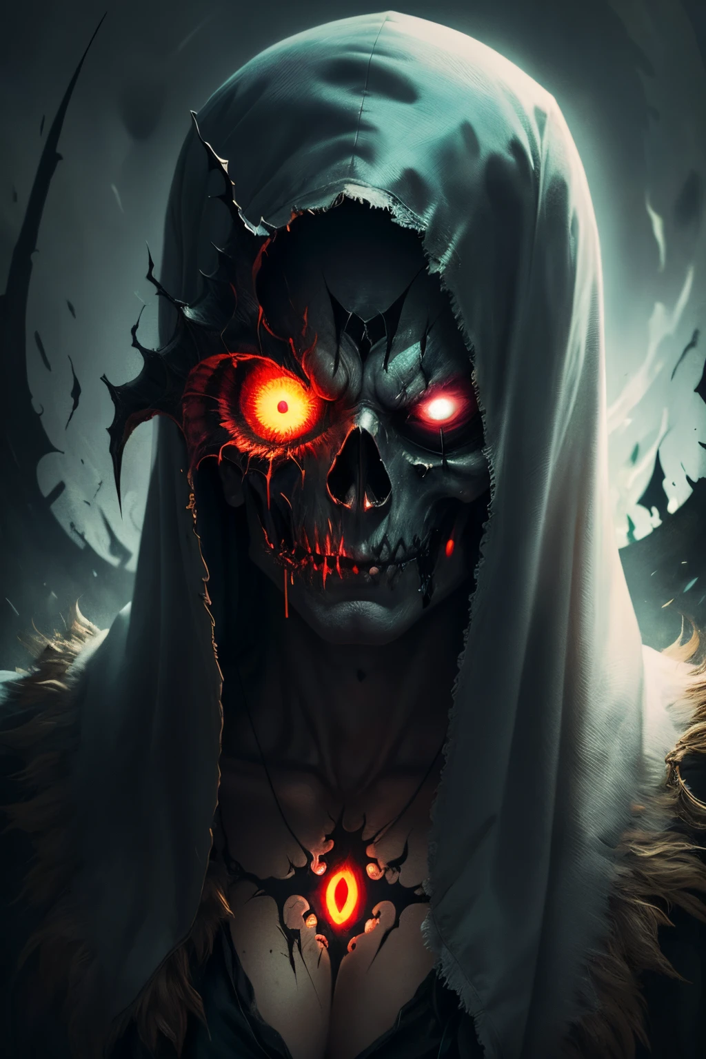 skeleton man, his (skull:1.2) is covered in icicles and frost, intricate carving, wearing a face mask, glowing eye sockets, wearing a frozen blue crown, (detailed background:1.3), backlighting, serious eyes, realism, masterpiece portrait, soft lighting, (large angle),masterpiece, best quality, intricate detail, absurdres,