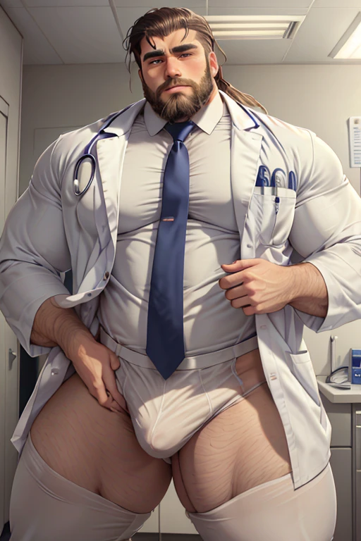 portrait, Hot doctor, hospital, examining patient, prostrate test, big ass, formal shirt, tight trouser, tie, muscular, beefy, formal wear, tight clothes, fully clothed, hairy arms, beard, cute, full body, well built, intricate details