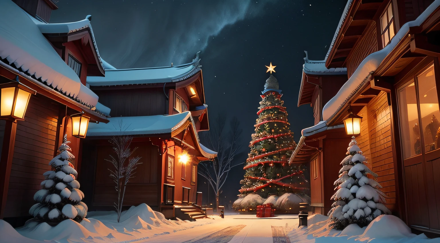 Winter view。modern christmas tree, Real and detailed, Dragon-shaped lanterns,Chinese dragon playing games with children,snowy day