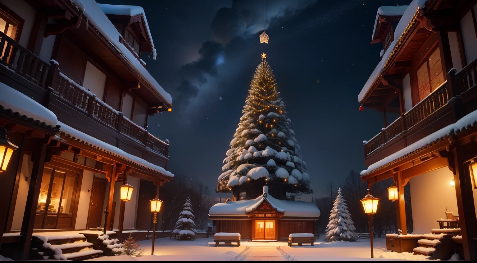 Winter view，Modern Christmas tree filled with gifts, Real and detailed, Dragon-shaped lanterns，Little Chinese dragon playing games with children，snowy days