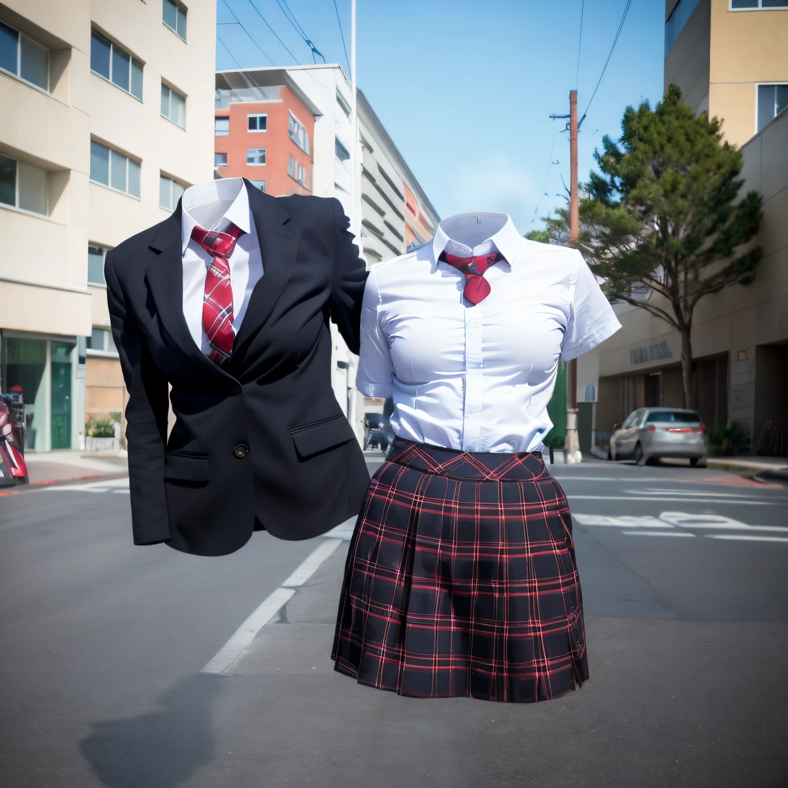 chubby, fat, white shirt, blue stripe tie, school tie, school uniform, plaid skirt, (from below), (two girls are good friends), cute pose, (invisible, no humans, headless, faceless:1.5), cute big breasts, (8k, RAW photo, best quality, masterpiece:1.2), (realistic, photo-realistic:1.37), photon mapping, radiosity, ((Hasselblad photography)), physically-based rendering