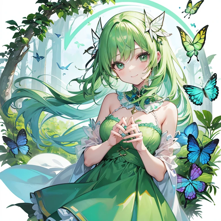 1 girl，Best quality, tmasterpiece, Long green hair, beautiful,detailed eyes, HD, super cute girl, super cute hairstyle, extremely detailed, Visually inspect the audience, The face is slightly red，is shy，adolable，Lori small breasts cleavage, skirt, pleated skirt, frills, frilled bra, (solo:1.6), seductive smile, (green eyes with beautiful pupils:1.7), (on her knees:1.5), (garden background with butterflies and flowers around:1.7),