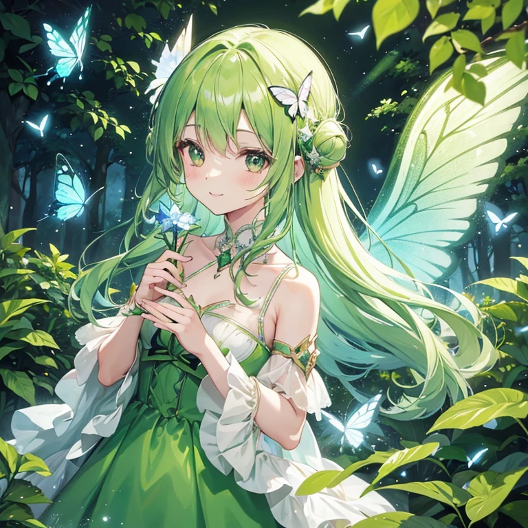 girl with、light green hair、diamond shaped angel ring、Fantastic forest、Green dress、garden、a little bit smile、butterflys々Flying、Butterflies on the fingertips々、
