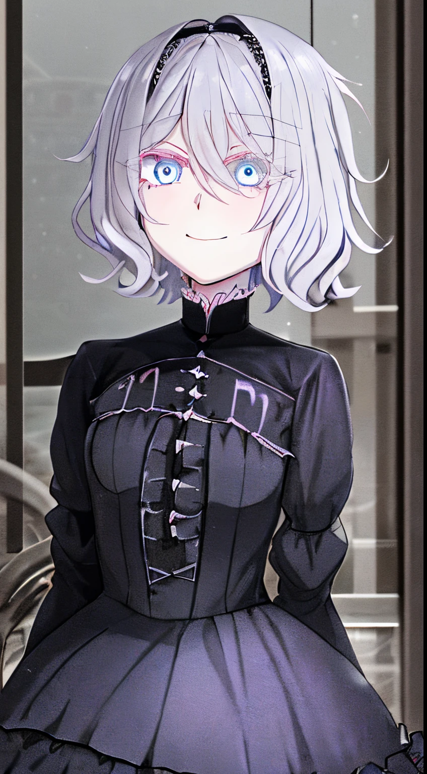 a girl silver hair, silver eyelashes, blue eyes in a goth black dress, anime girl wearing a goth black dress, 11 - year - old anime goth girl, hair between eyes ,short wavy hair,smile,