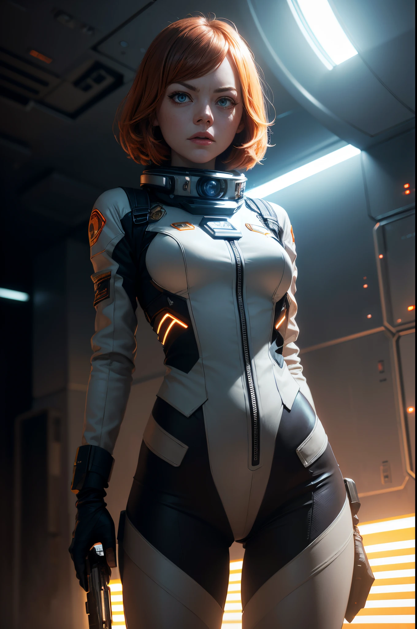 Hot terrified Sci fi Emma Stone holding a sci fi pistol on Ishimura Horror Space Ship photography, natural light, photorealism, cinematic rendering, ray tracing, the highest quality, the highest detail, Cinematic, Third-Person View, Blur Effect, Long Exposure, 8K, Ultra-HD, Natural Lighting, Moody Lighting, Cinematic Lighting