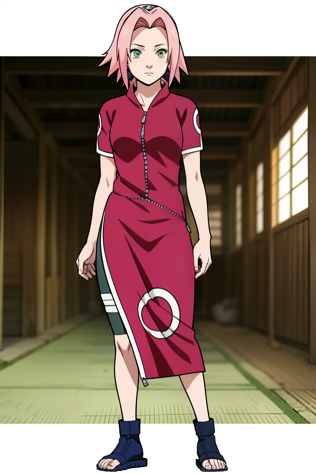 Best quality Sakura haruno, 1girl, pink hair, short hair, green eyes, red dress half zipper, bike short, standing, konoha Village background, full body, masterpiece, HD ultra detailed